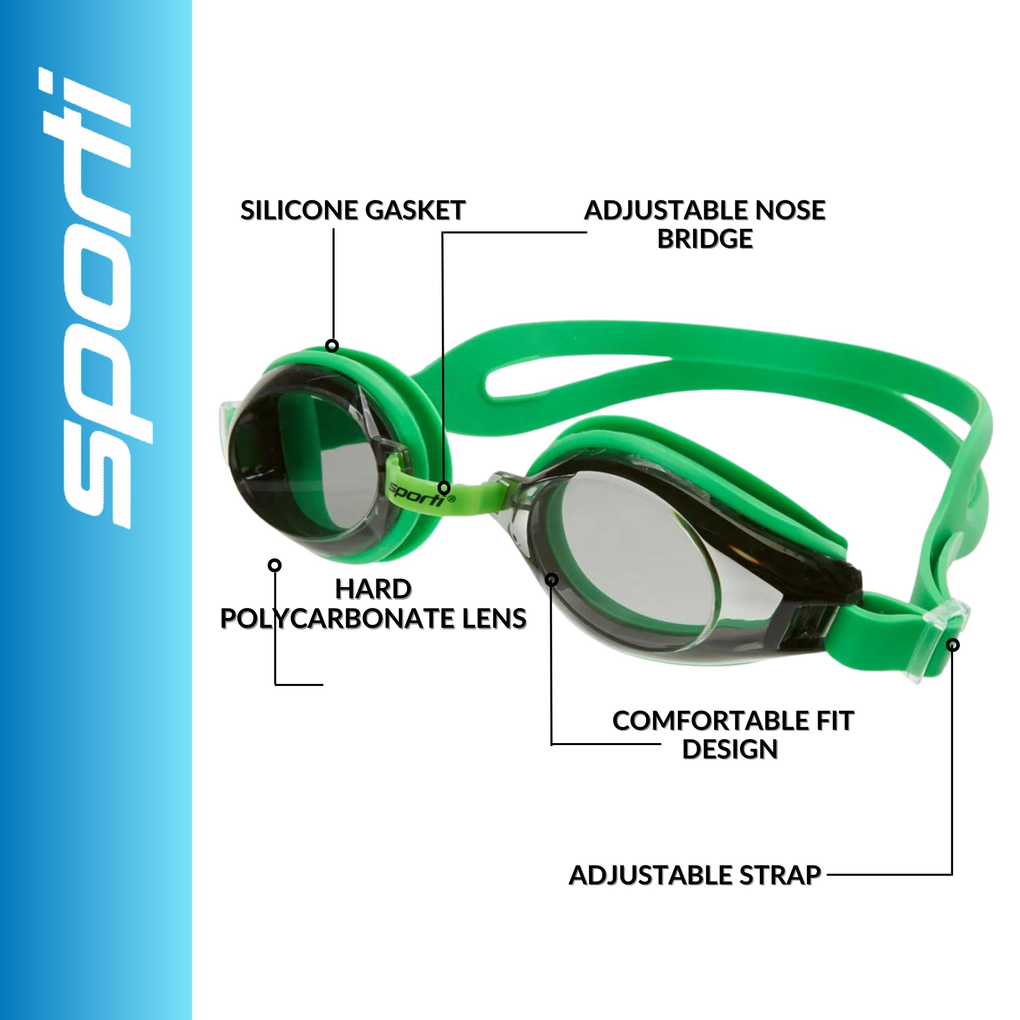 Sporti Unisex Adult Swimming Goggles - Anti-Fog & Shatter-Resistant Swim Goggles for Men & Women with Mirror/Non-Mirror Lens Options | Perfect for Lap Swimming, Training & Competitive Swimming