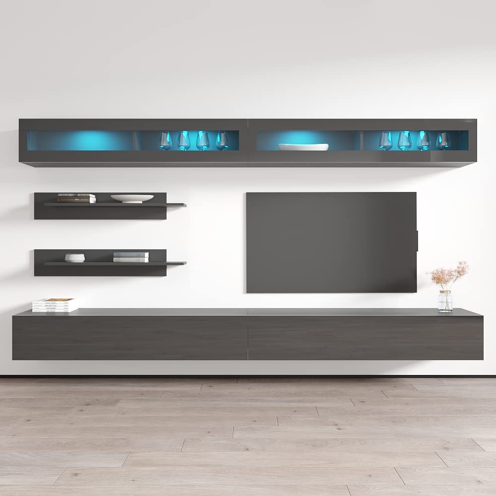 Modern Gray Wall-Mounted TV Stand with Storage Shelves & LED Lights - Floating Entertainment Center Console for Bedroom & Living Room - Perfect for Small Spaces & Home Theater Setup - Meble Furniture Fly I2 30TV Stand