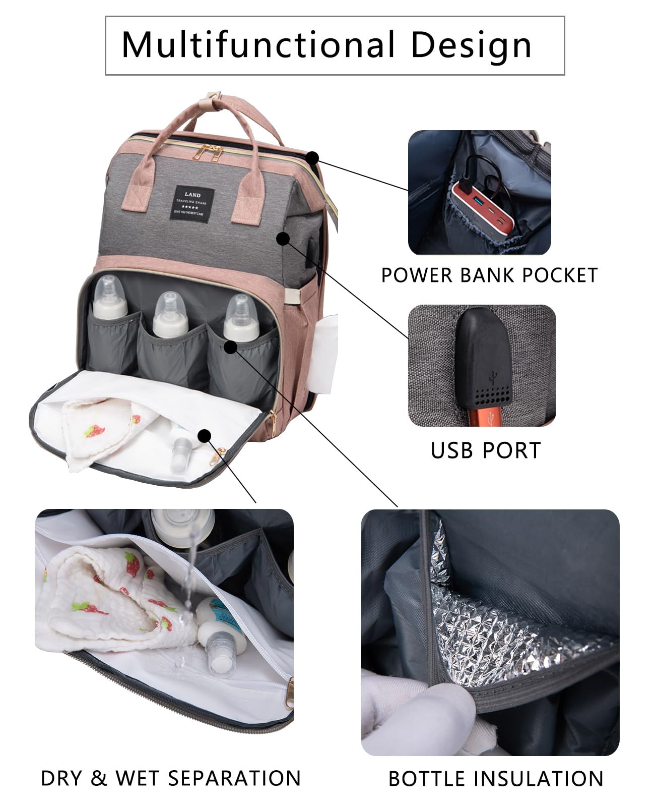 **Stylish Pink Diaper Backpack with Changing Station - Large Travel Baby Bag for Girls, Boys & Moms | Waterproof, Spacious & Organized | Perfect for Daycare, Travel & On-the-Go Parenting**