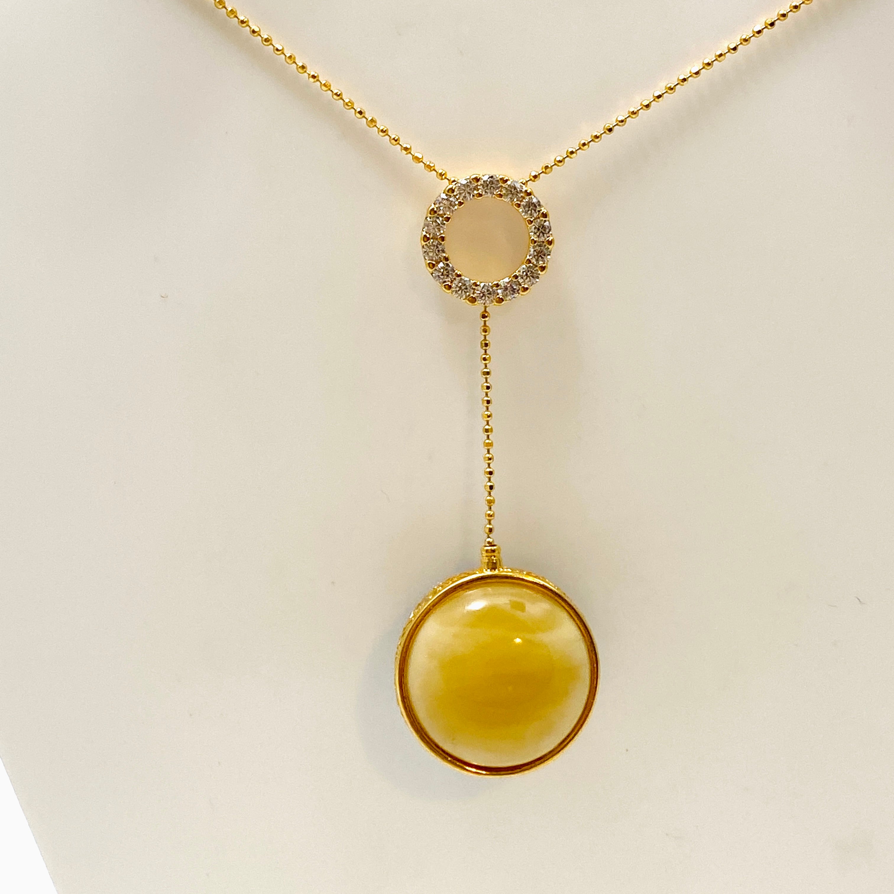 Baltic Amber Round Double Sided 18K Gold Plated Necklace with Cubic Zirconia Accents - Elegant Jewelry for Women, Perfect Gift for Birthday, Anniversary & Special Occasions