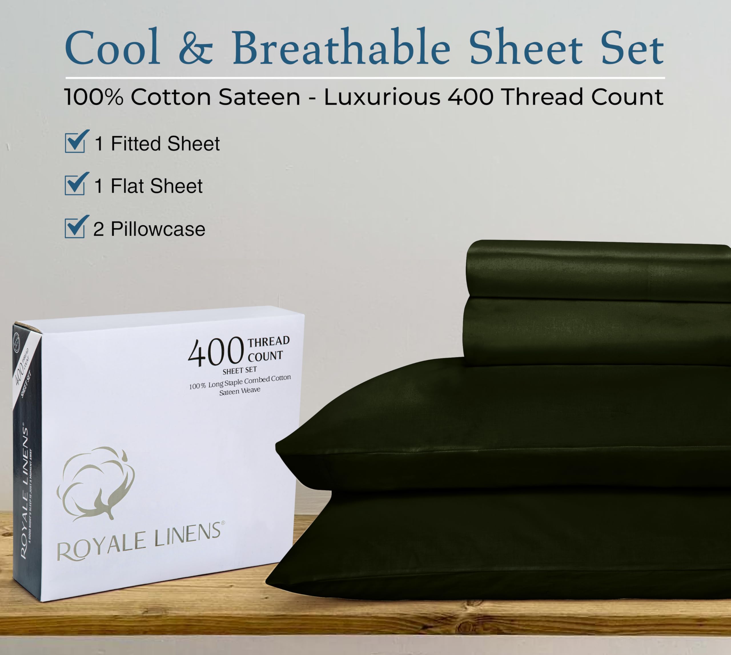Royale Linens 400TC 100% Cotton Queen Sheet Set - Cooling Sateen for Comfortable Sleep