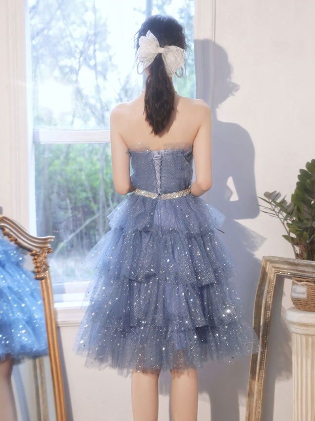 Blue Tulle Sequin Short Prom Dress - Sparkly Homecoming Party Gown for Teens, Puffy Sleeve Formal Dance Dress for Quinceanera & Sweet 16 | Perfect for Prom Night, Homecoming & Special Occasions