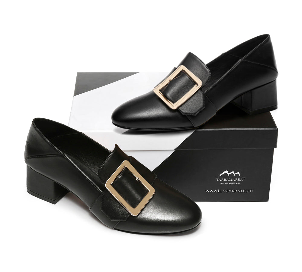 TARRAMARRA® Women's Leather Square Buckle Almond Toe Low Block Heel Pumps - Comfortable Office Shoes for Work, Business & Formal Occasions