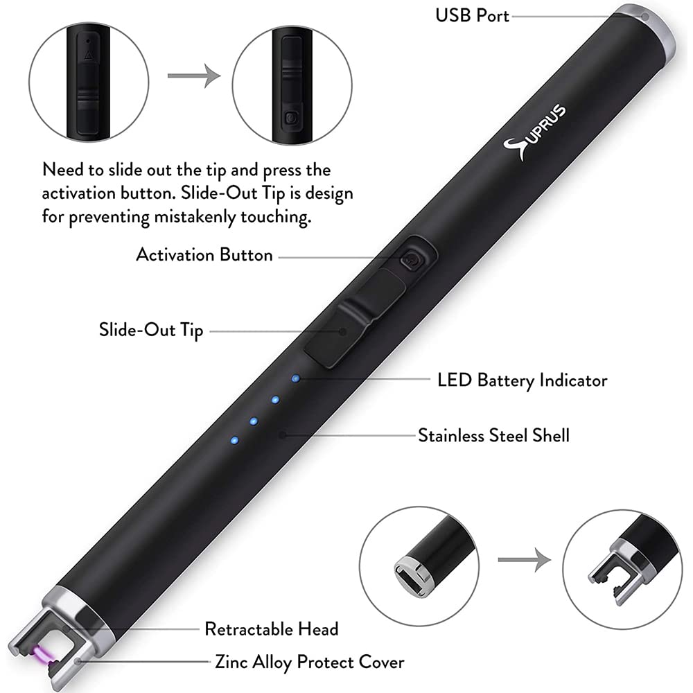 SUPRUS USB Rechargeable Arc Lighter - Flameless Plasma for Camping BBQ Cooking (Black)