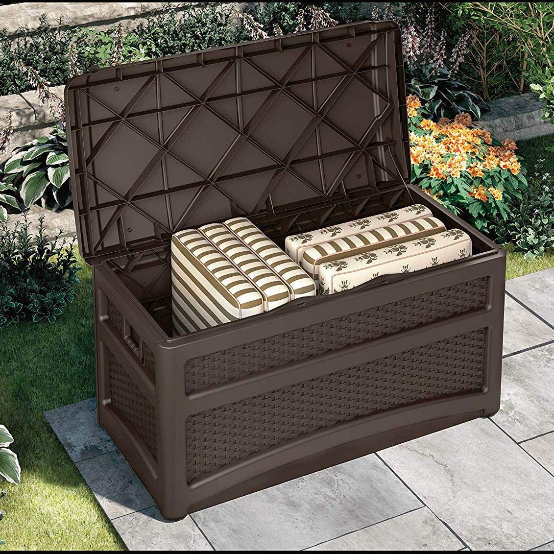 Suncast 73 Gallon Outdoor Patio Storage Chest with Handles & Seat - Java Brown (2 Pack) - Weatherproof Deck Box for Cushions, Pool Toys & Garden Tools Storage