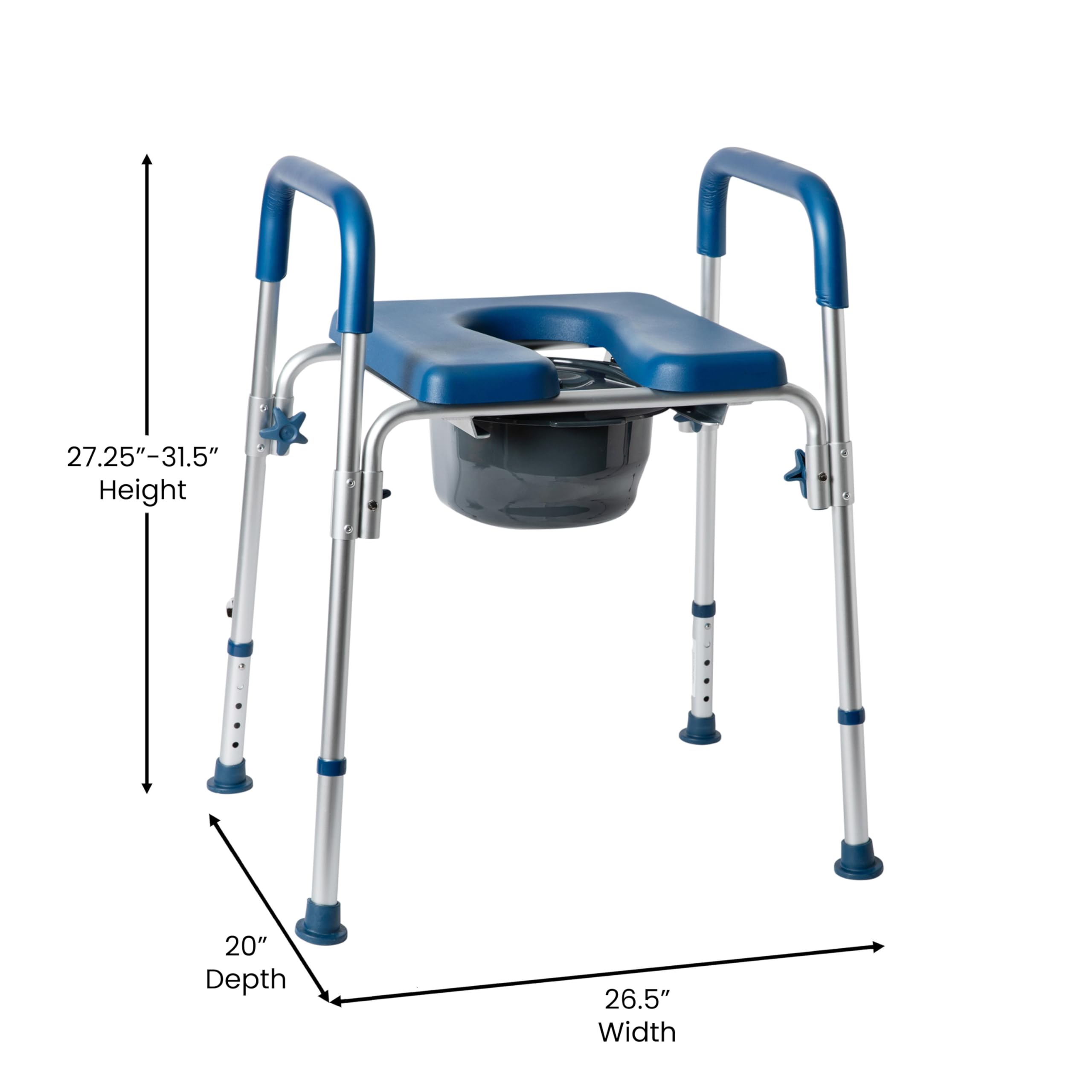 Flash Furniture Hercules 3-in-1 Commode Chair with Arms - Adjustable Height Portable Toilet Chair with Safety Rails, Padded Seat & Armrests - Ideal for Elderly Care, Post-Surgery Recovery & Home Healthcare (Blue)