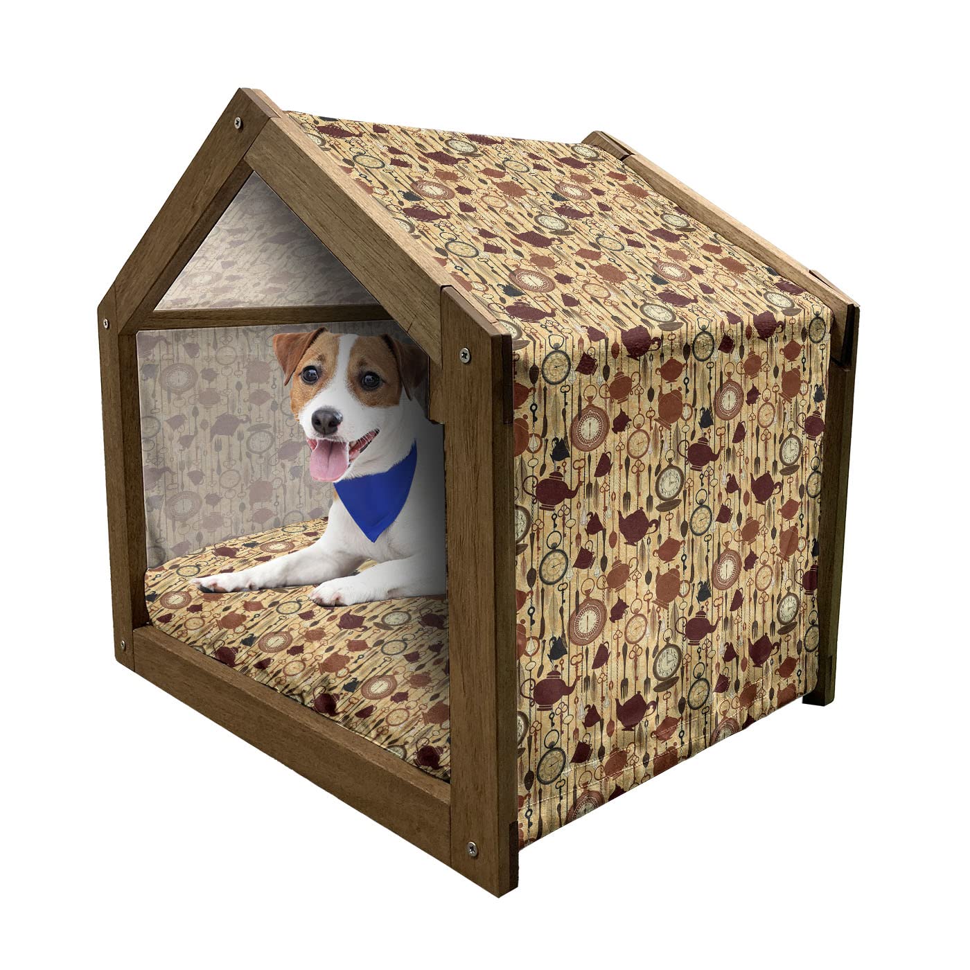 Ambesonne Victorian Style Tea Party Wooden Pet House - Portable Indoor & Outdoor Dog Kennel with Pillow & Cover, Brown Redwood - Perfect for Small Dogs, Tea-Themed Decor, and Cozy Pet Napping Spaces