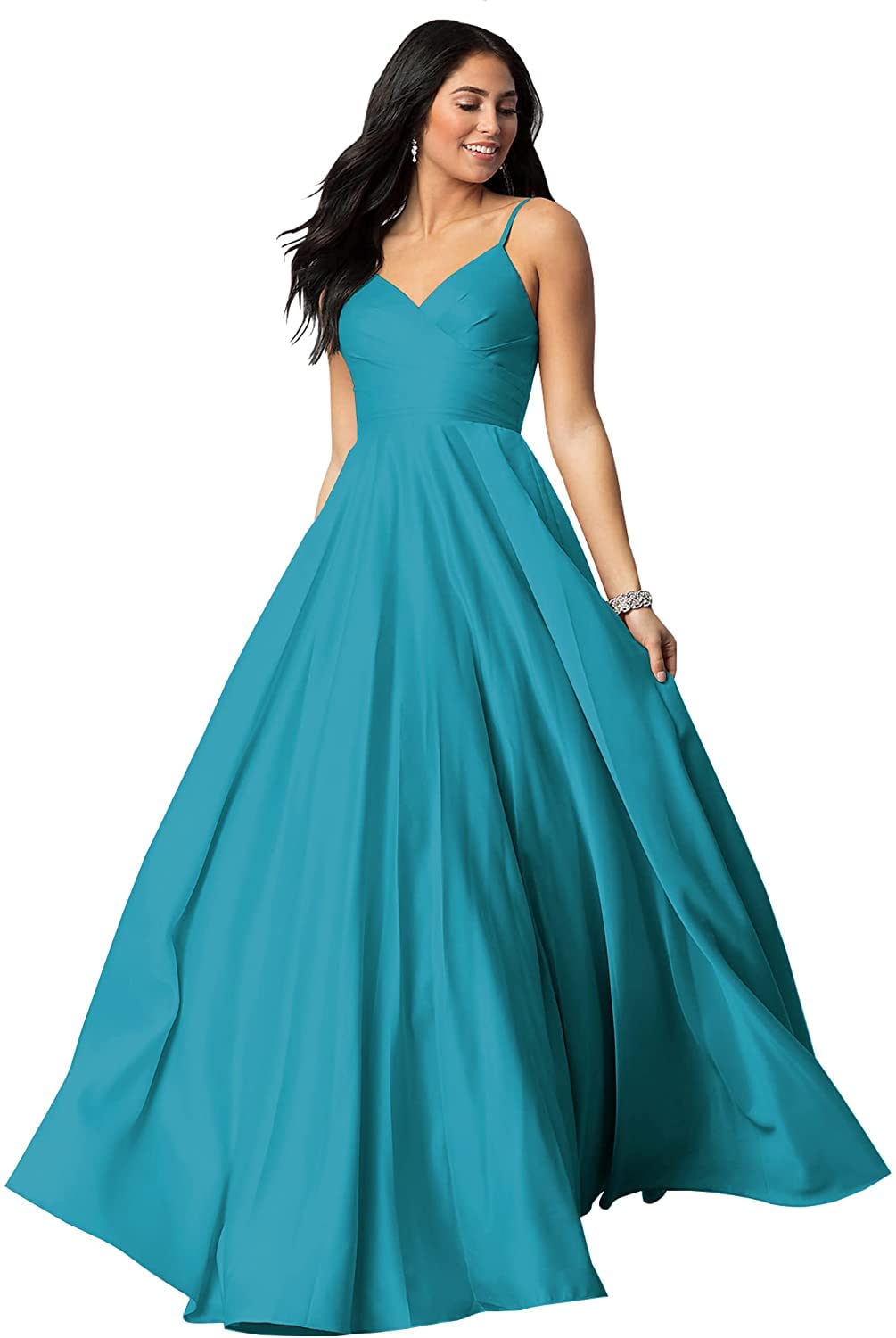 Elegant Spaghetti Strap Prom Dresses for Women - Long V-Neck A-Line Satin Ball Gown Formal Party Dress for Homecoming, Evening Gala & Special Occasions