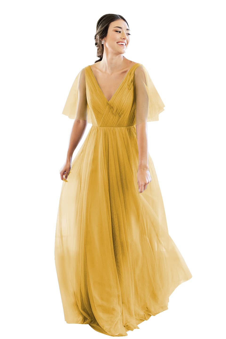 Elegant V-Neck Short Sleeve Tulle Bridesmaid Dress for Women - Backless Long Formal Gown for Weddings, Proms & Special Occasions