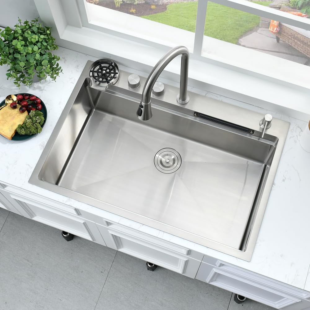33 Inch Drop-In Waterfall Kitchen Sink with Faucet Combo - Bokaiya 33x22 Stainless Steel Single Bowl Sink, 16 Gauge, Includes Cutting Board & Workstation - Perfect for Modern Kitchens, Food Prep & Entertaining