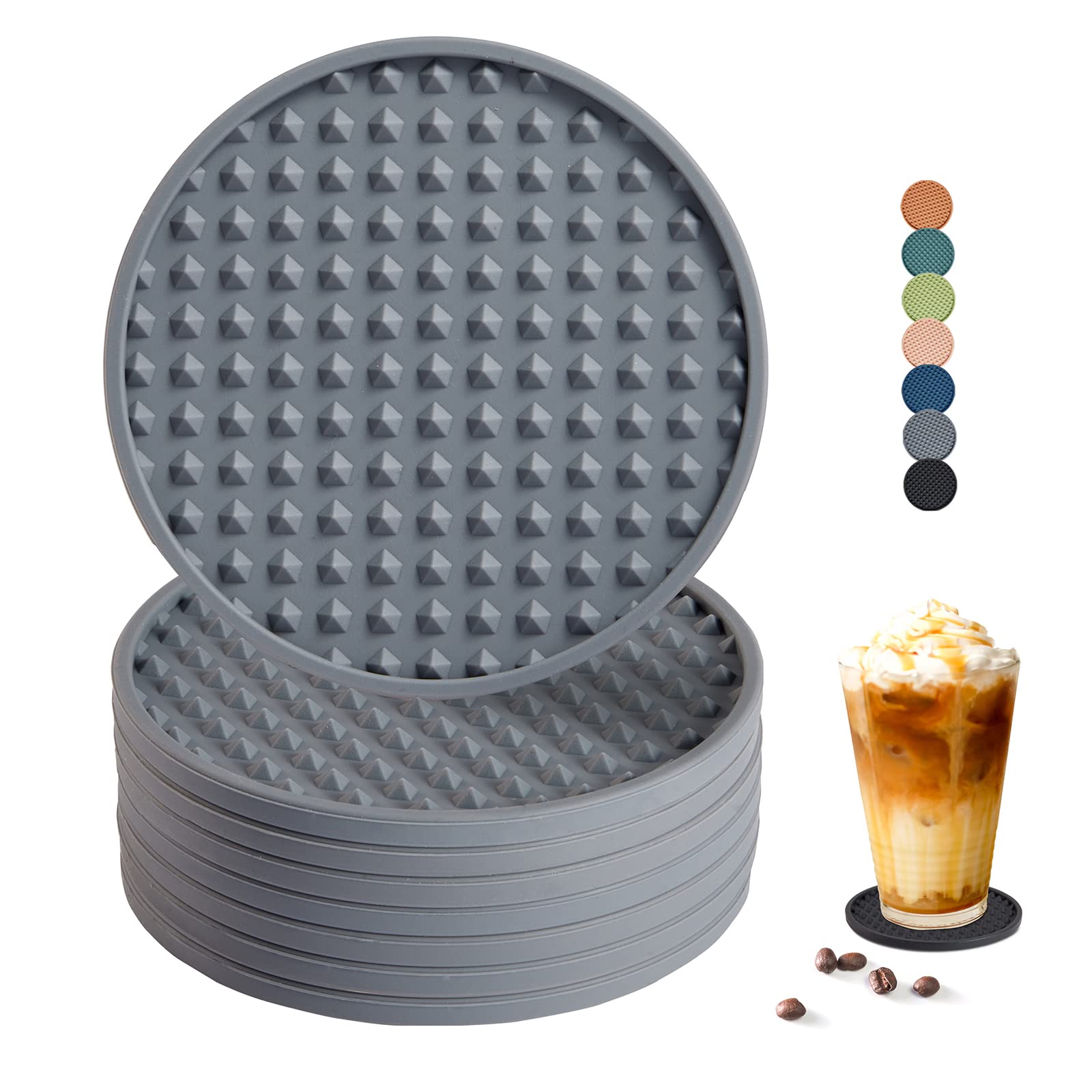 8-Pack Silicone Drink Coasters Set - Non-Slip Table Protectors for Wood, Granite & Stone Tables | Dishwasher Safe | Fits All Glass Sizes (Grey) | Perfect for Dining Tables, Coffee Bars & Outdoor Entertaining