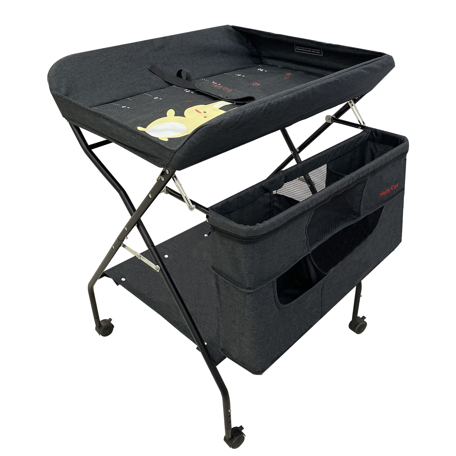 Portable Baby Changing Table with Wheels - Adjustable Height Folding Diaper Station, Mobile Nursery Stand with Storage Rack for Newborns - Lightweight & Sturdy (Black) | Perfect for Nursery, Bedroom, and Travel Use