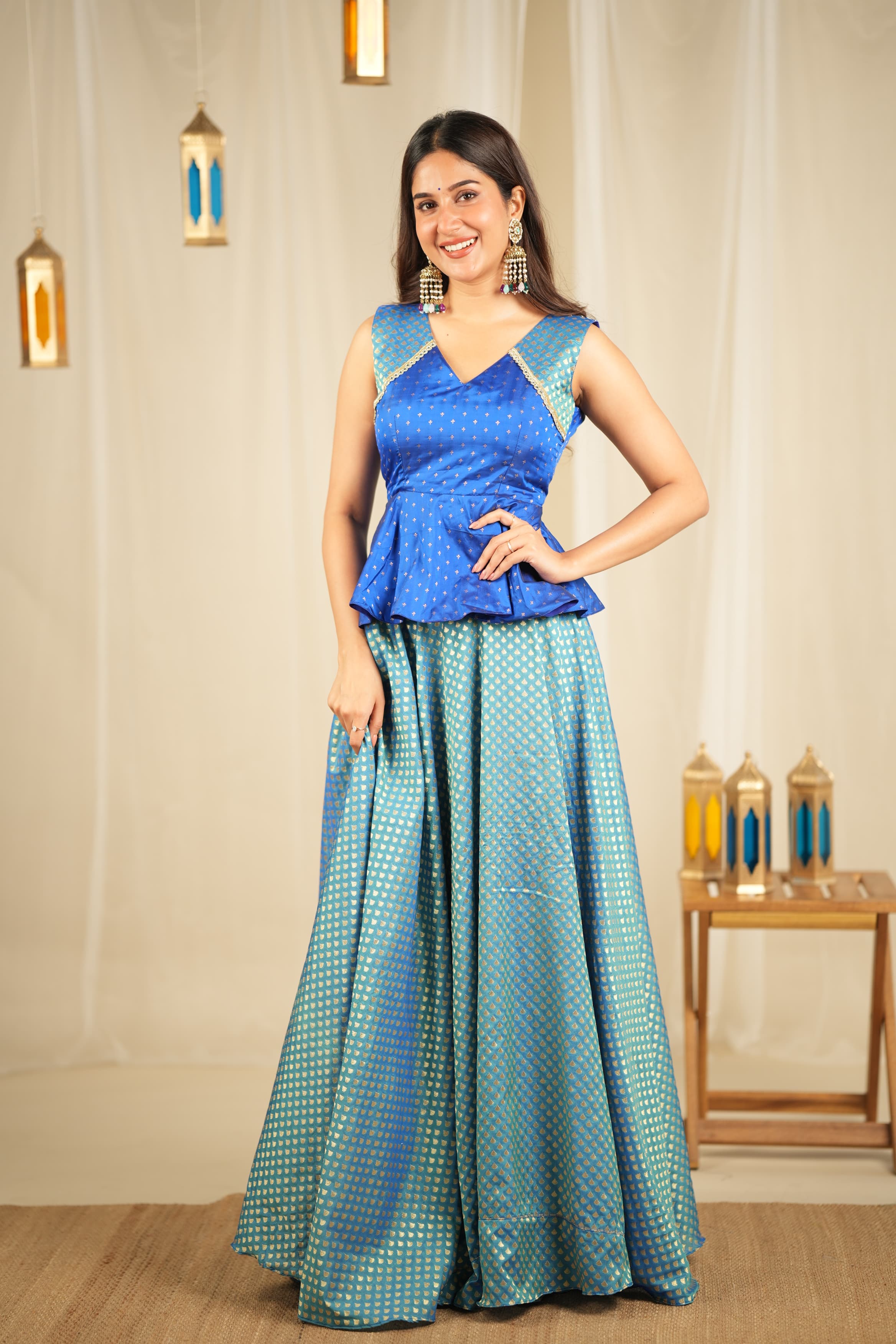 DD633 Megha Premium Banaras Peplum Top and Skirt Set - Elegant Indian Ethnic Wear for Women, Perfect for Weddings, Festivals & Special Occasions