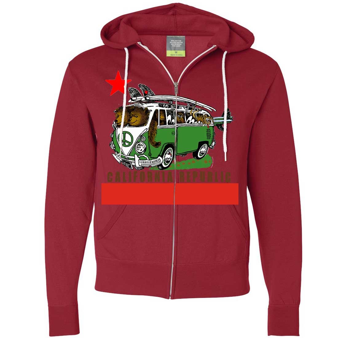California Republic Bear Surf Bus Zip-Up Hoodie - Men's & Women's Pullover Sweatshirt for Surfing, Skateboarding & Casual Wear