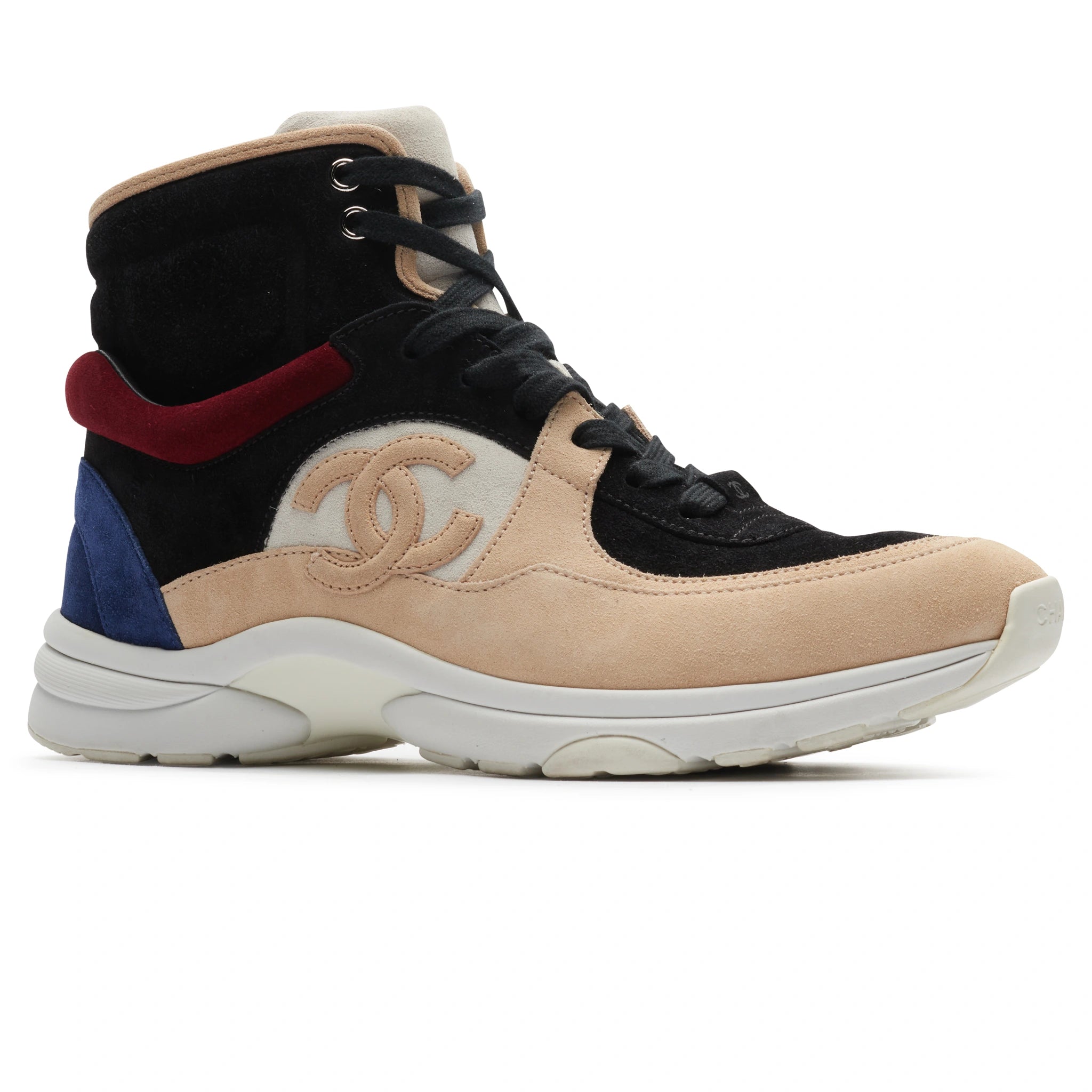 Chanel CC Logo High-Top Sneakers in Black, Burgundy, Blue & Beige Suede - Preloved Luxury Shoes for Women | Perfect for Casual Outfits, Street Style & Fashion Events