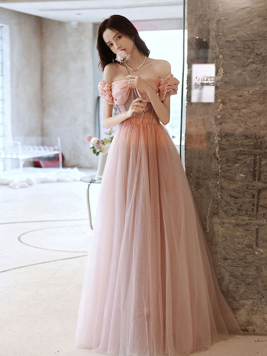 Elegant Pink Sweetheart Neckline Tulle Beaded Long Prom Dress - Formal Evening Gown for Homecoming, Wedding, Quinceañera & Special Occasions
