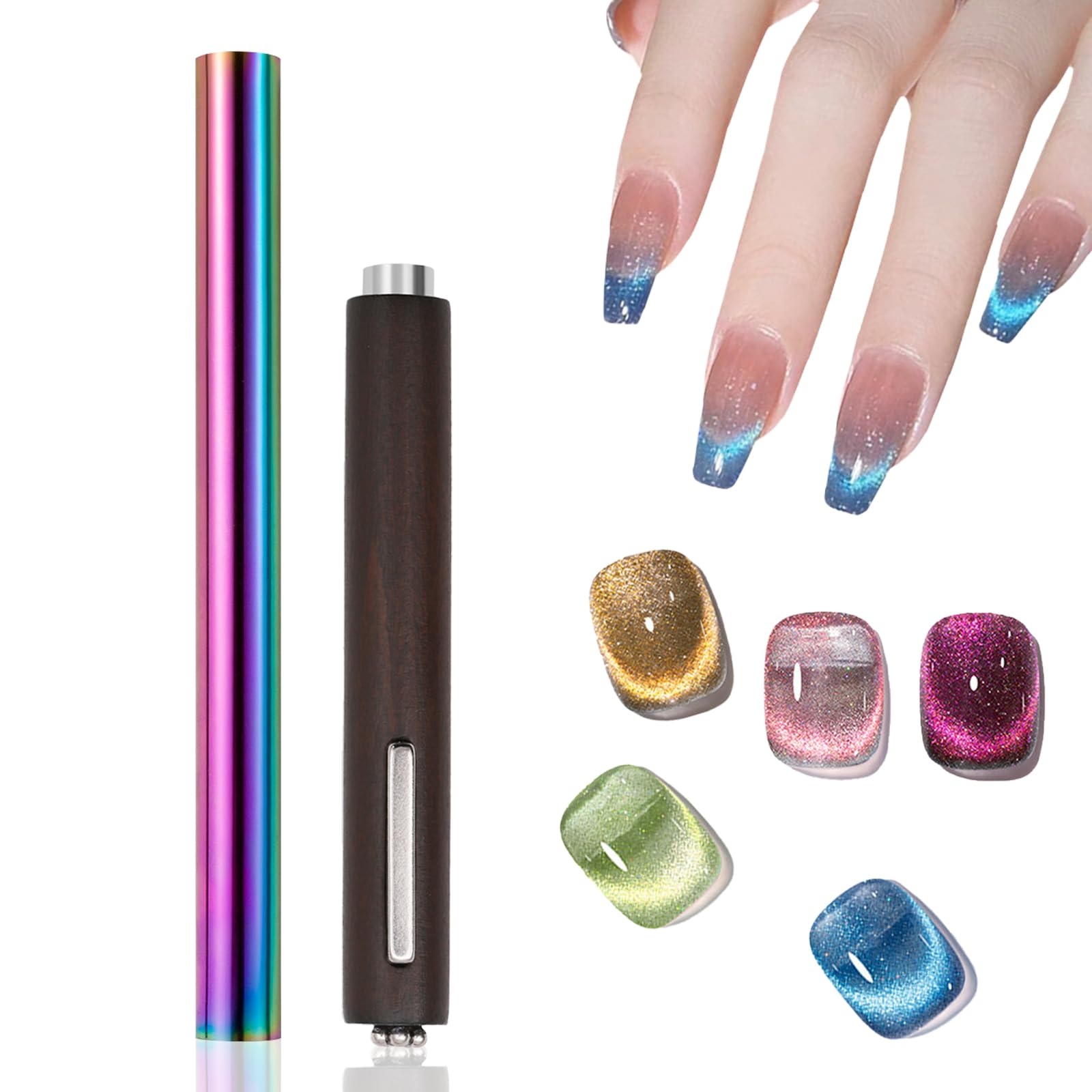 2-Piece Double-Ended Cat Eye Nail Magnet - Iridescent Cylindrical Strong Magnetic Tool for Cat Eye Gel Polish (Brown, 3-in-1 Design) | Perfect for Salon & DIY Nail Art at Home