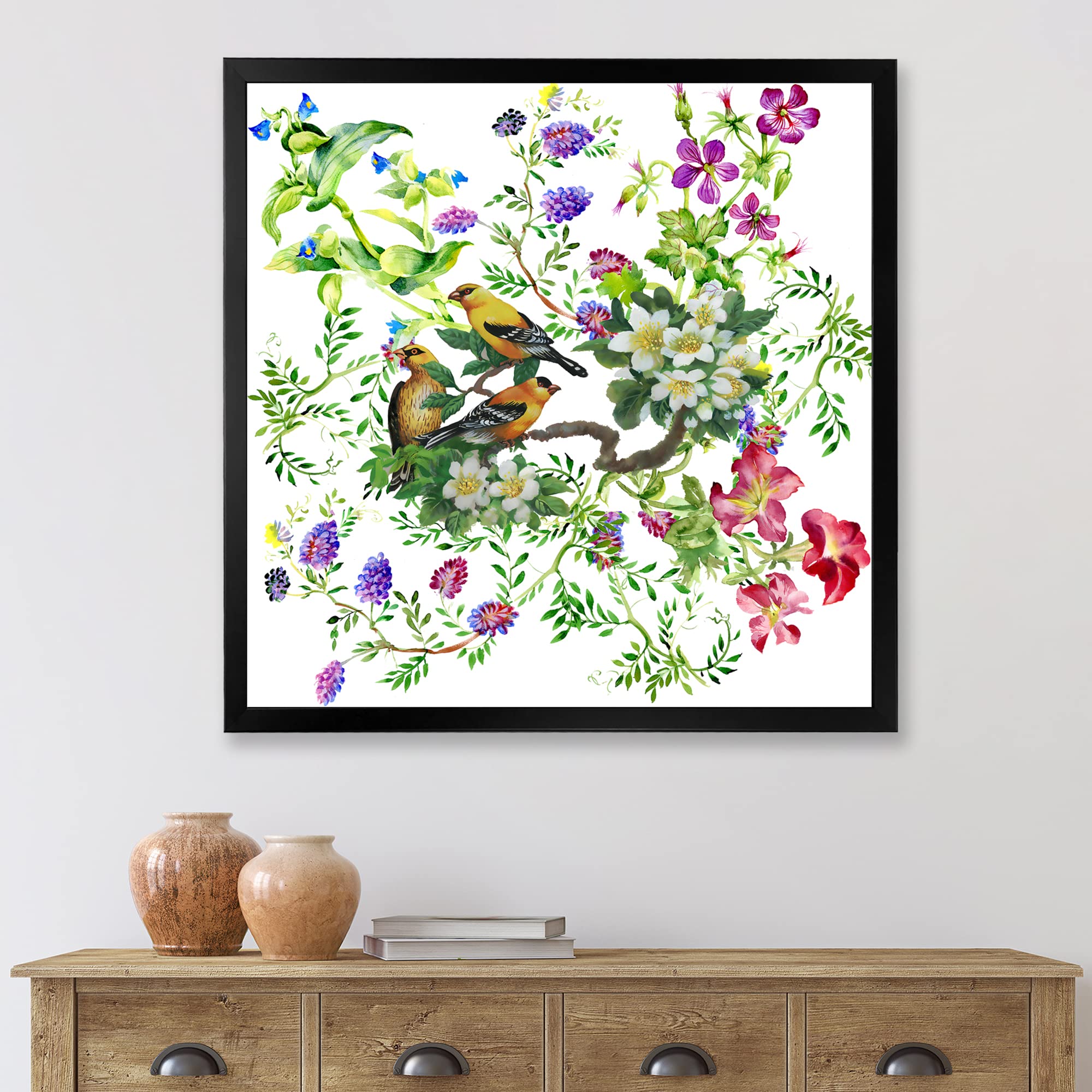 DesignQ Tropical Birds on Blooming Tree Traditional Framed Wall Art - Perfect for Living Room, Bedroom & Office Decor