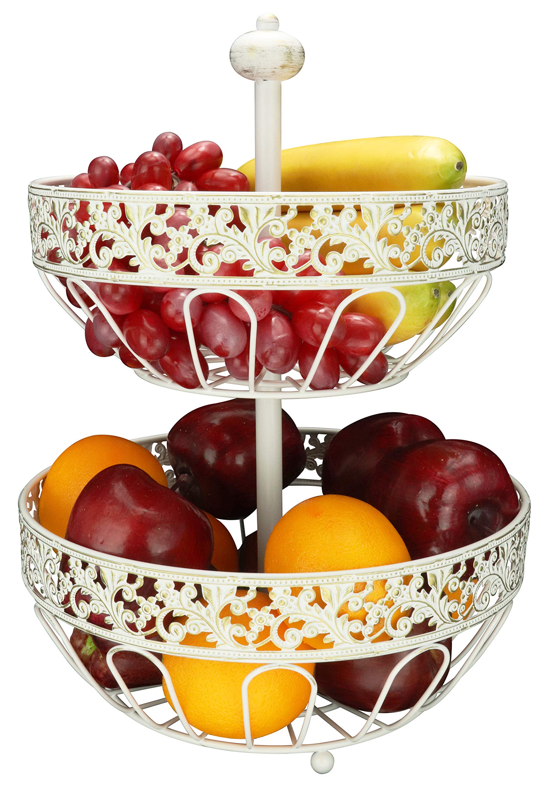 ROSYLINE 2 Tier Fruit Basket - White Brushed Bronze Kitchen Storage Organizer for Fruits, Vegetables, Snacks | Perfect for Countertop, Dining Table, Living Room & Pantry Organization