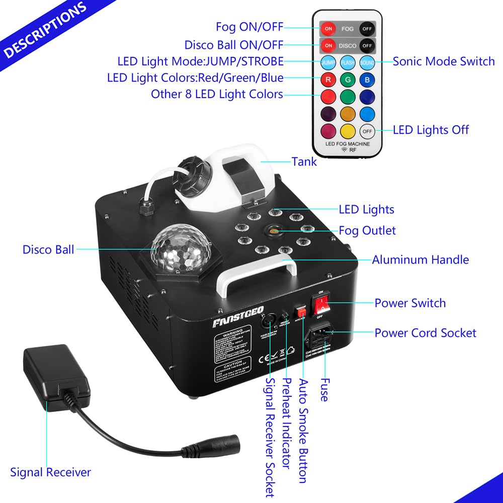 Professional Fog Machine with LED Lights & Disco Ball - Wireless Remote & Sound Activated Vertical/Horizontal Smoke Effect for Halloween Parties, Stage Shows, DJ Events & Home Disco