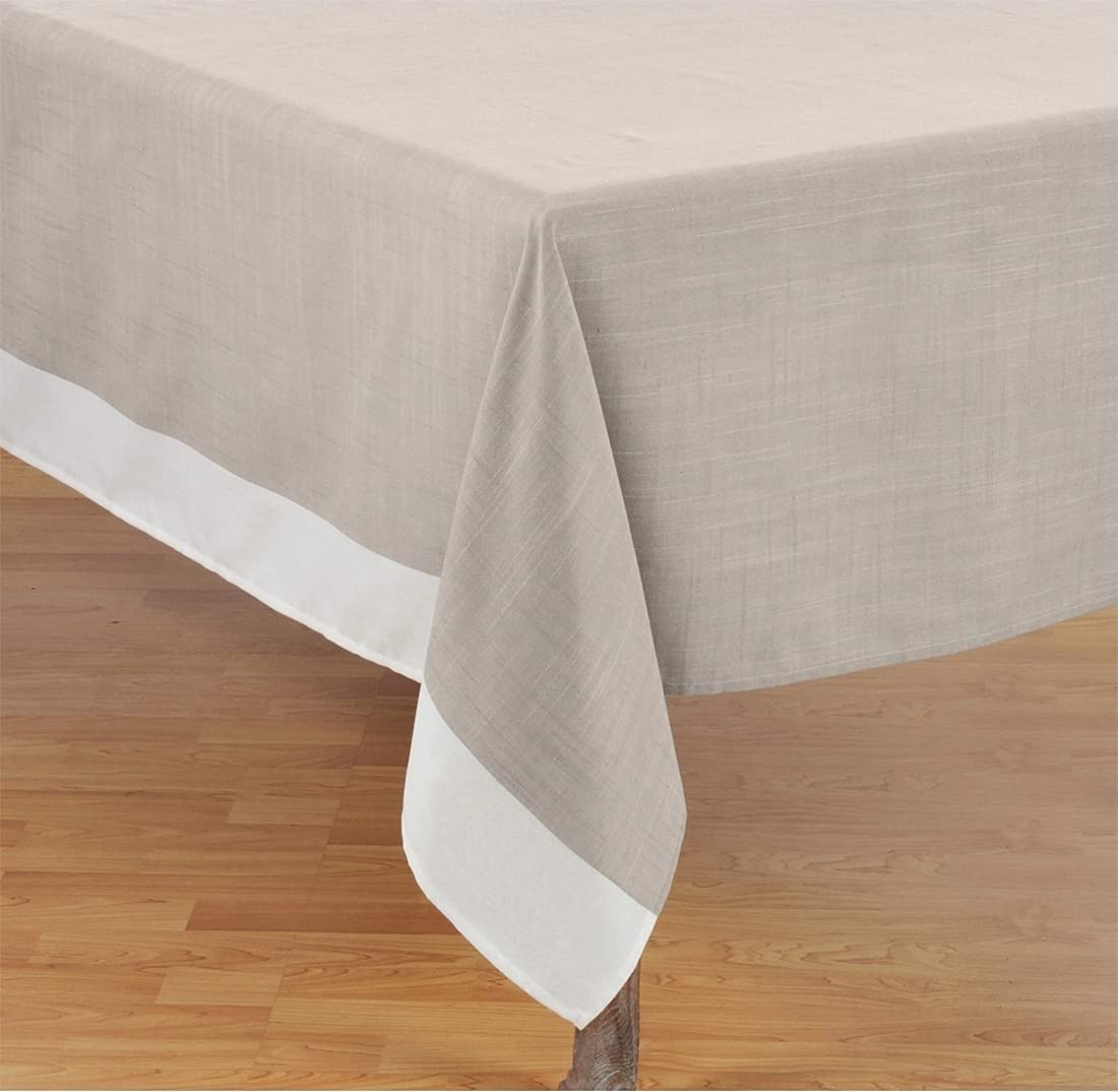 Fennco Styles Natural & White Two-Tone Banded Border Tablecloth 67x180 Inch - Classic Rectangular Table Cover for Dining Room, Banquet, Wedding & Special Events - Perfect for Family Gatherings, Holiday Dinners & Restaurant Decor