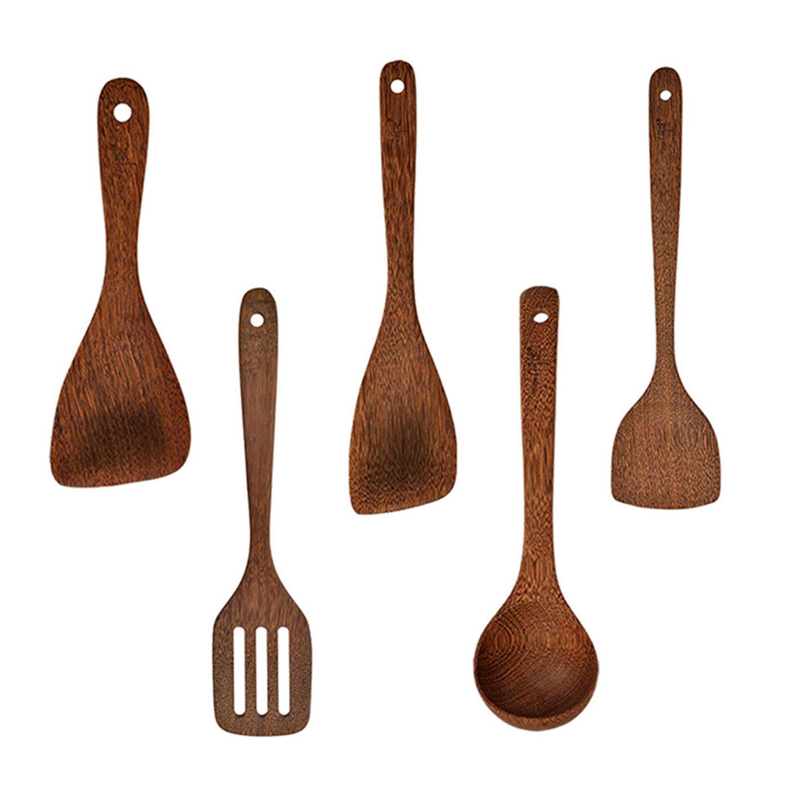 5Pcs Wooden Kitchen Utensil Set - Nonstick Cooking Utensils with Spatula, Spoon, Slotted Turner, Rice Scoop & Paddle | Perfect for Baking, Frying & Serving | Eco-Friendly Wooden Tools for Nonstick Cookware