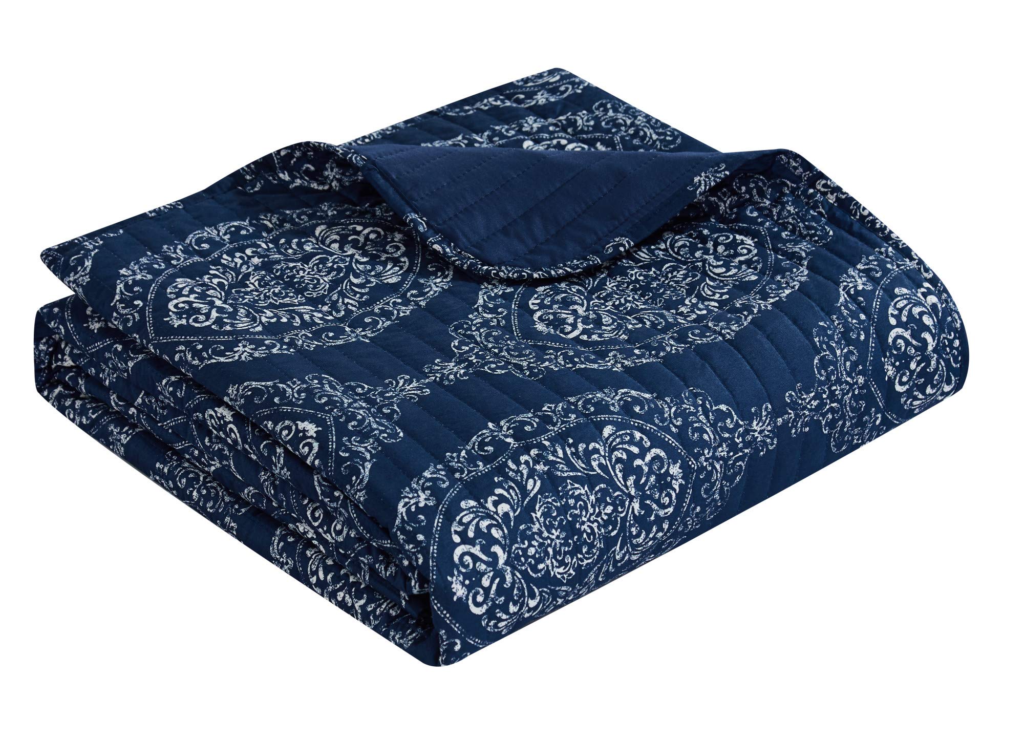 Verona Navy Blue Queen Size 9-Piece Bed in a Bag Quilt Set - Striped Stitched Medallion Print Polyester Bedding (Quilt, Shams, Sheets & Pillowcases) for Modern Bedroom Decor | Perfect for Guest Rooms, Master Suites & Cozy Home Styling