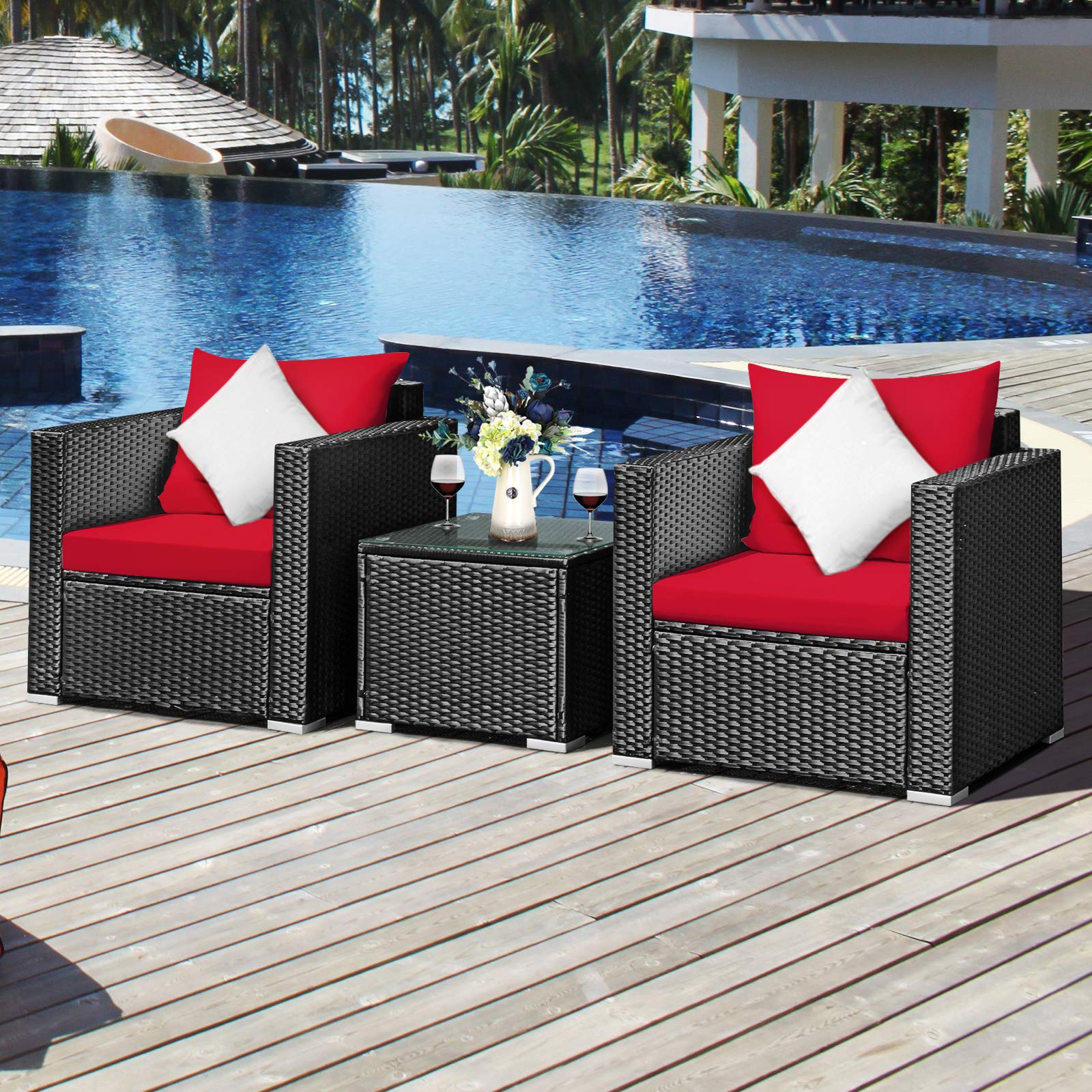 Tangkula 3-Piece Outdoor Patio Furniture Set - PE Rattan Wicker Sofa with Washable Cushions & Tempered Glass Table - Garden, Poolside, Backyard Conversation Set (Red) | Perfect for Outdoor Relaxation, Entertaining Guests, and Lounging by the Pool