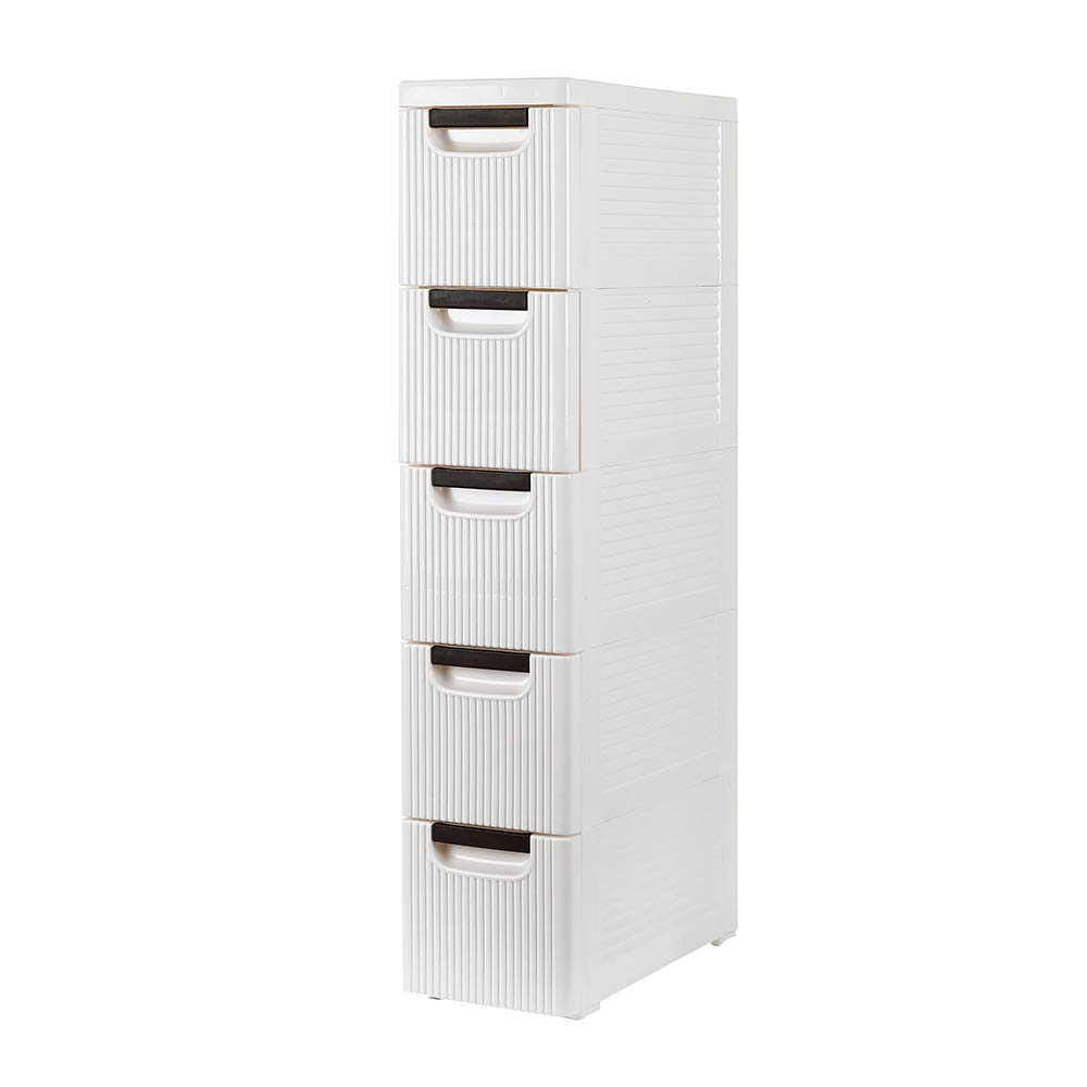 Narrow Slim Storage Cart with Wheels - 5-Tier Kitchen Cabinet Organizer, Small Plastic Shelf with Drawers for Bathroom & Fridge Side (7.5