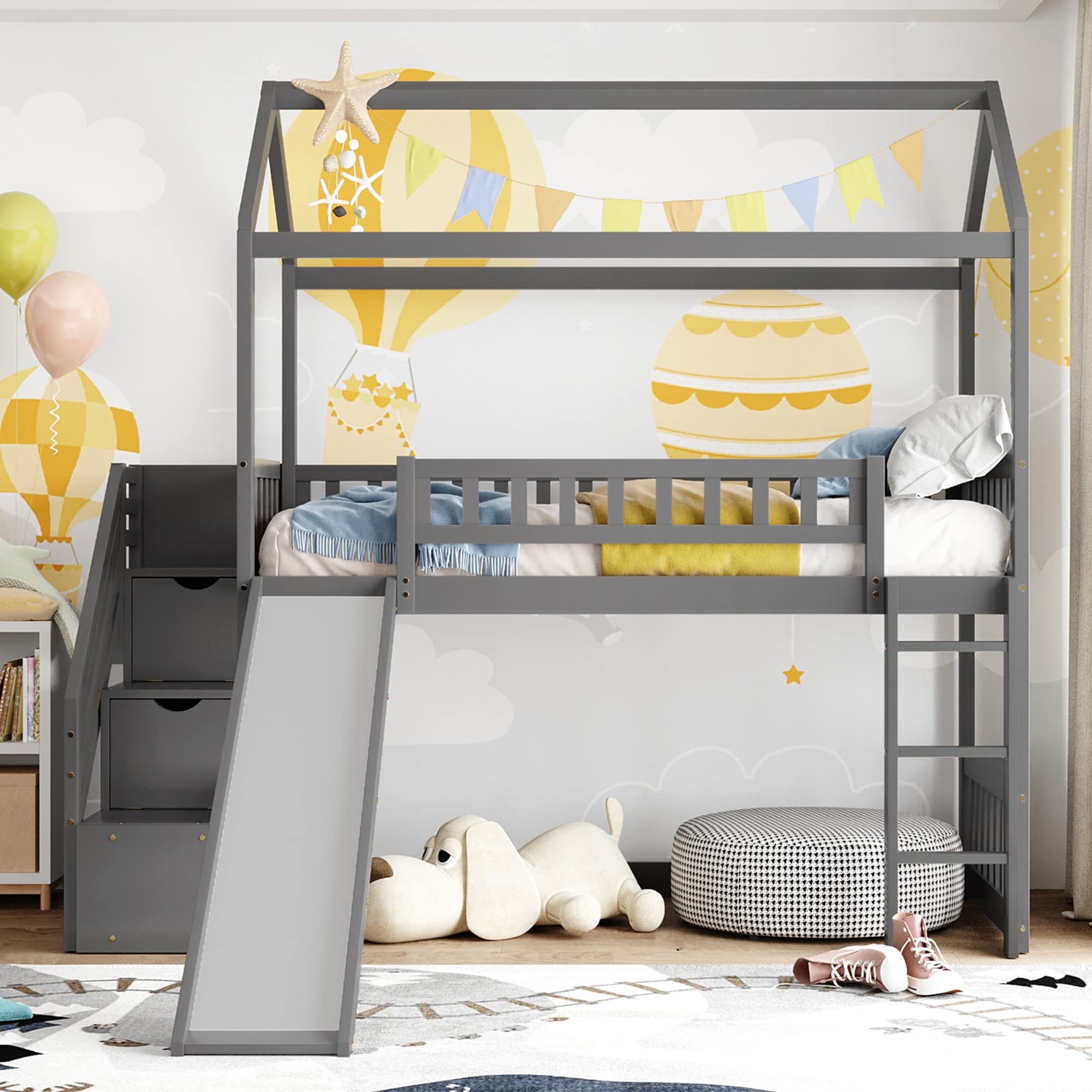 **Wooden Twin Loft Bed with Slide, Stairs & Storage - Kids House Bed Frame for Boys & Girls (Grey) - No Box Spring Needed - Perfect for Small Bedrooms, Playrooms & Sleepovers**