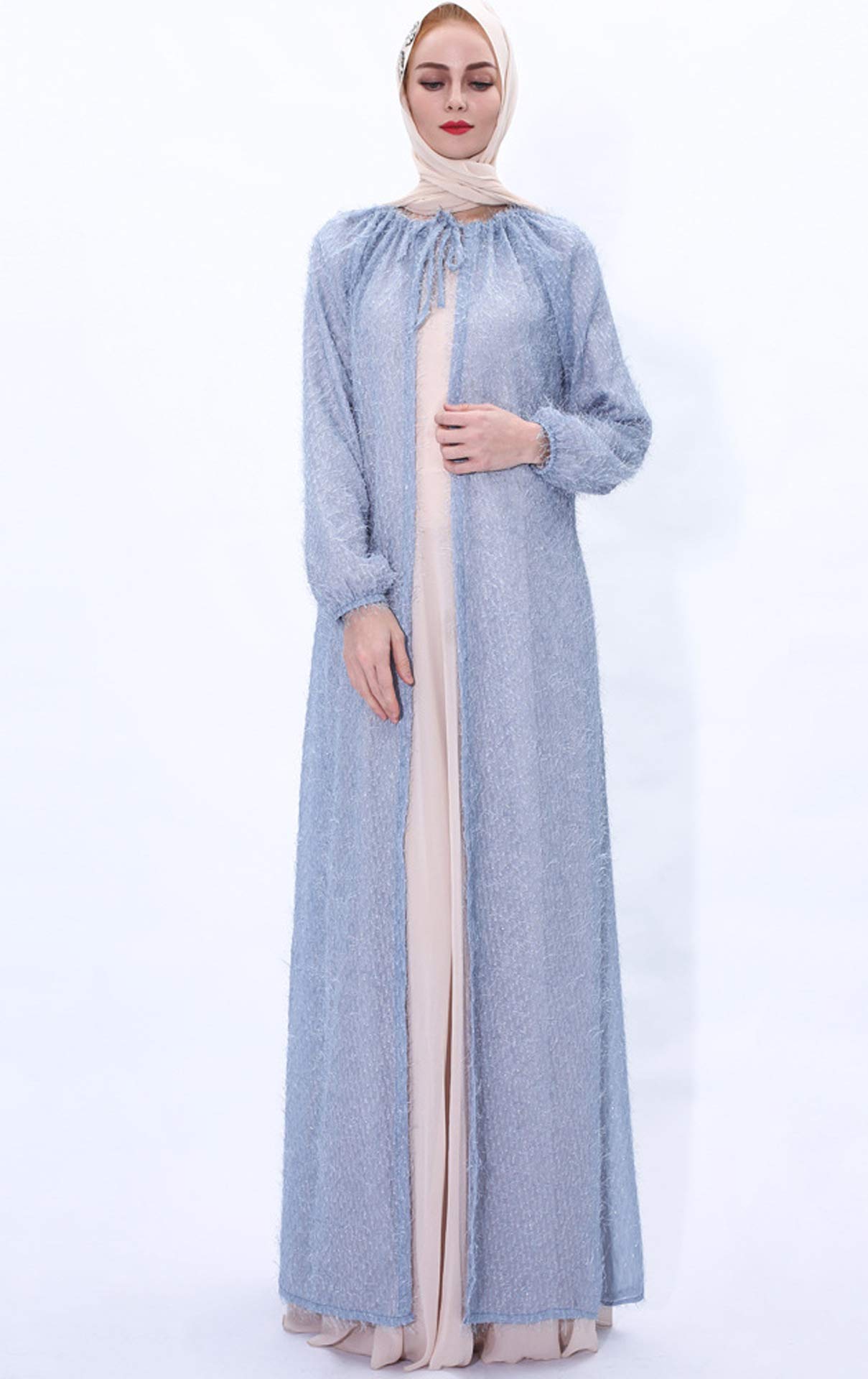 GladThink Women's Muslim Blue Cardigan with Drawstring - Long Open Front Cape Kimono Jacket for Modest Fashion, Prayer & Everyday Wear