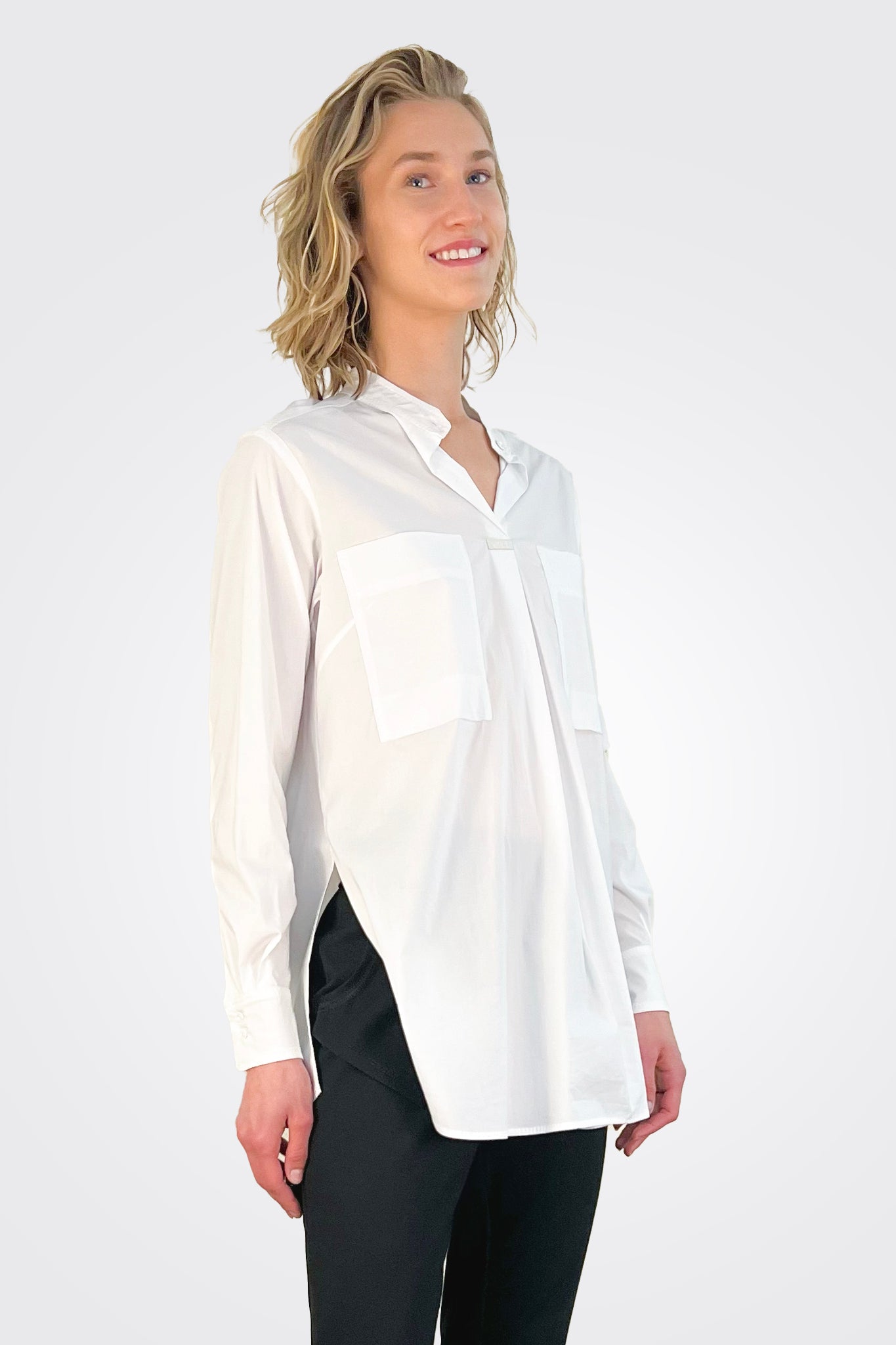 Double Pocket Blouse for Women - White Button Down Shirt - Office Wear & Casual Outfit - Perfect for Work, Business Meetings & Everyday Style