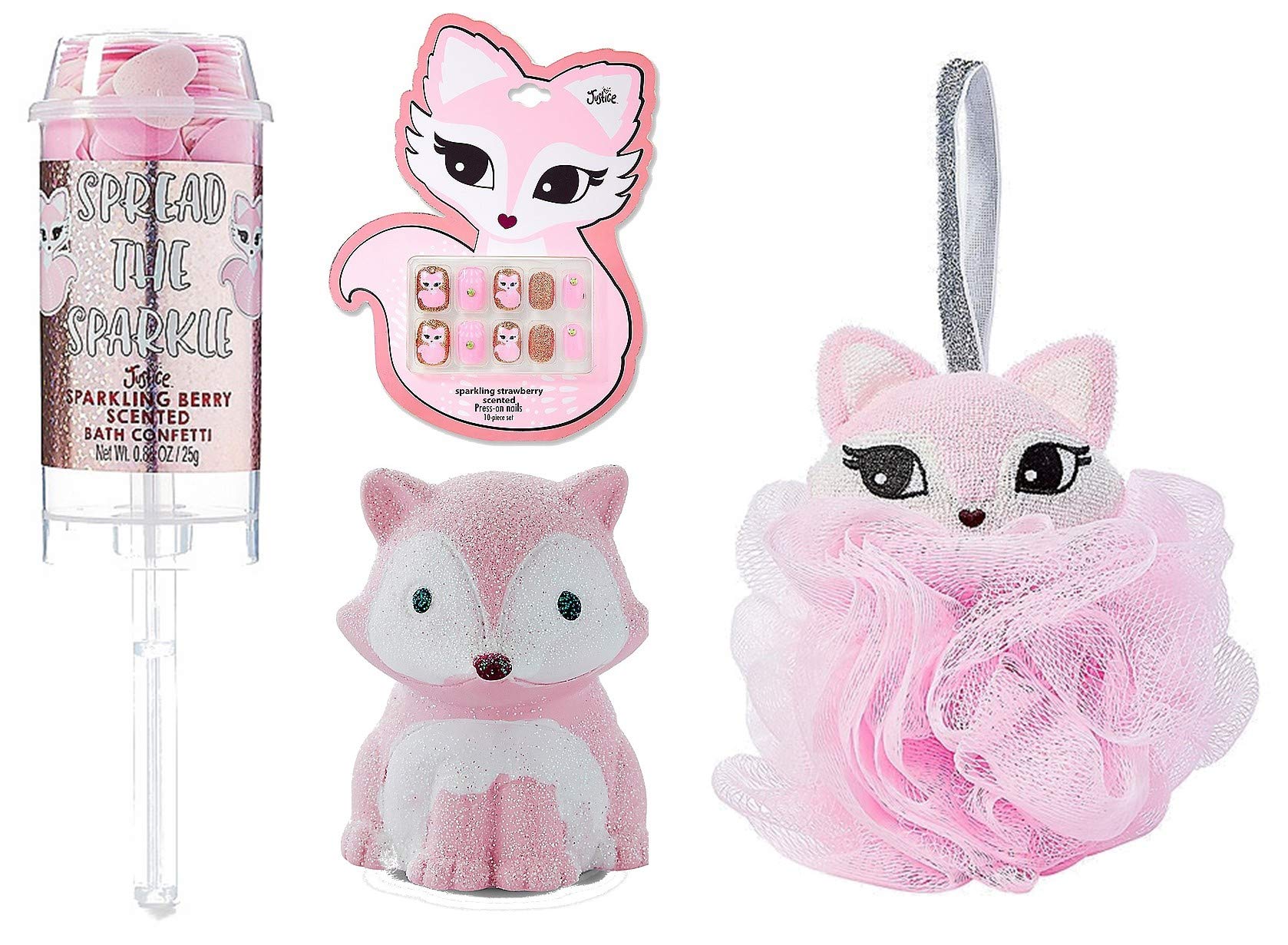 Fox 4pc Cosmetic Gift Set - Lip Gloss, Nails, Loofah, Bath Confetti - Perfect for Spa Day, Self-Care, and Relaxation at Home