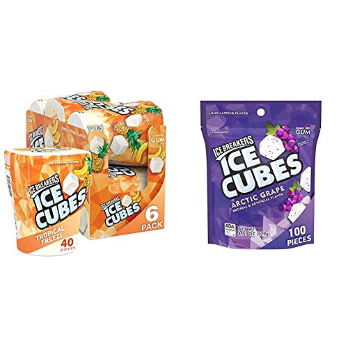Sugar Free Xylitol Ice Breakers Ice Cubes Gum - Tropical Flavor (40 Pieces, Pack of 6) & Arctic Grape Flavor (100 Pieces, 8.11 oz) - Refreshing Breath for Workouts, Meetings & Daily Freshness