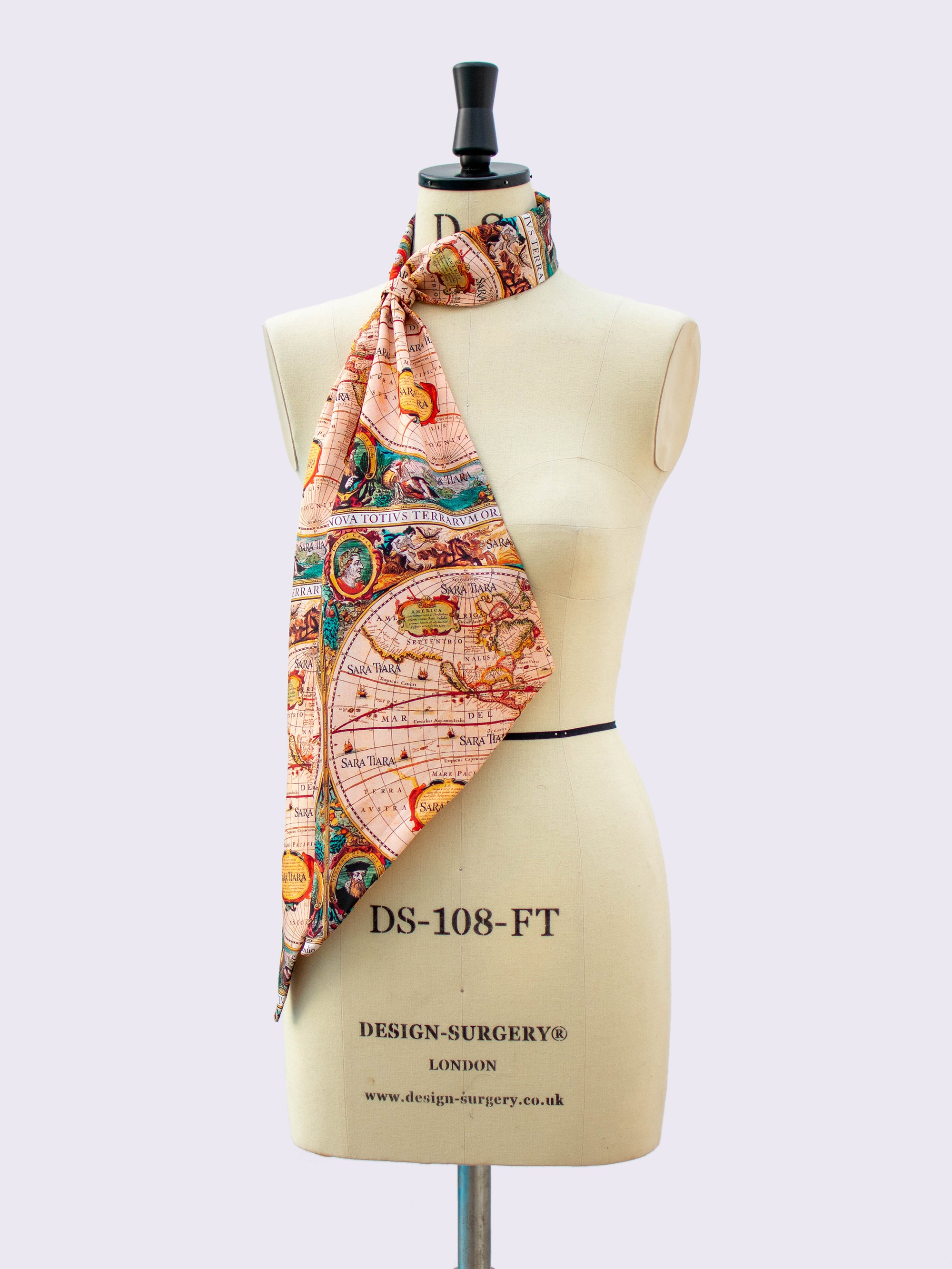 Elegant Silk Skinny Scarf with Vintage Map Print - Perfect for Travel, Office & Evening Outfits