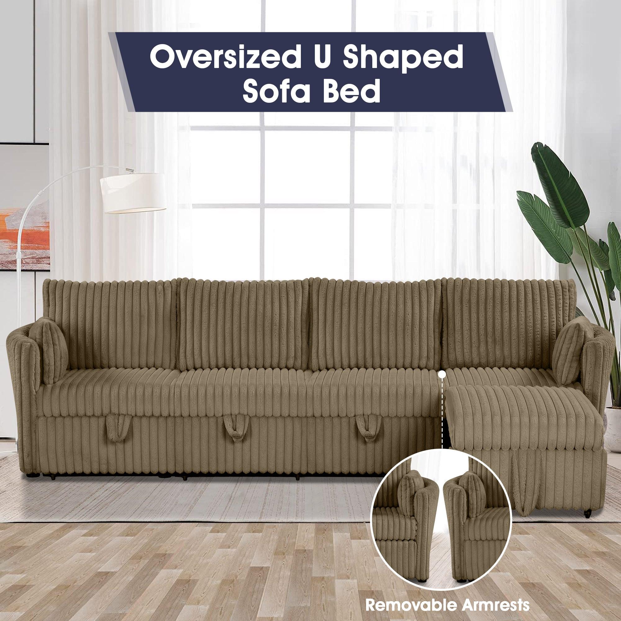 Luxury Brown Faux Fur Oversized Convertible Sectional Sofa - Sleeper Sofa, Daybed & Chair with 2 Pillows & USB Charging Ports - Perfect for Living Room, Home Theater & Guest Room Comfort
