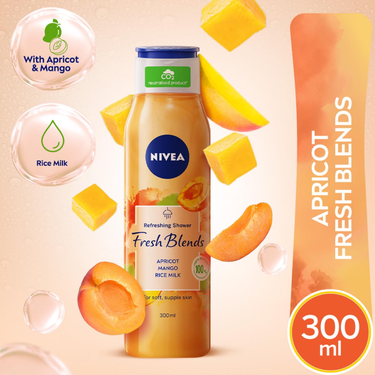 Nivea Fresh Blends Apricot & Mango Vegan Body Wash with Natural Fruit Extracts & Rice Milk - 300ml Fruity Shower Gel for Women - Perfect for Daily Hydration & Refreshing Morning Showers