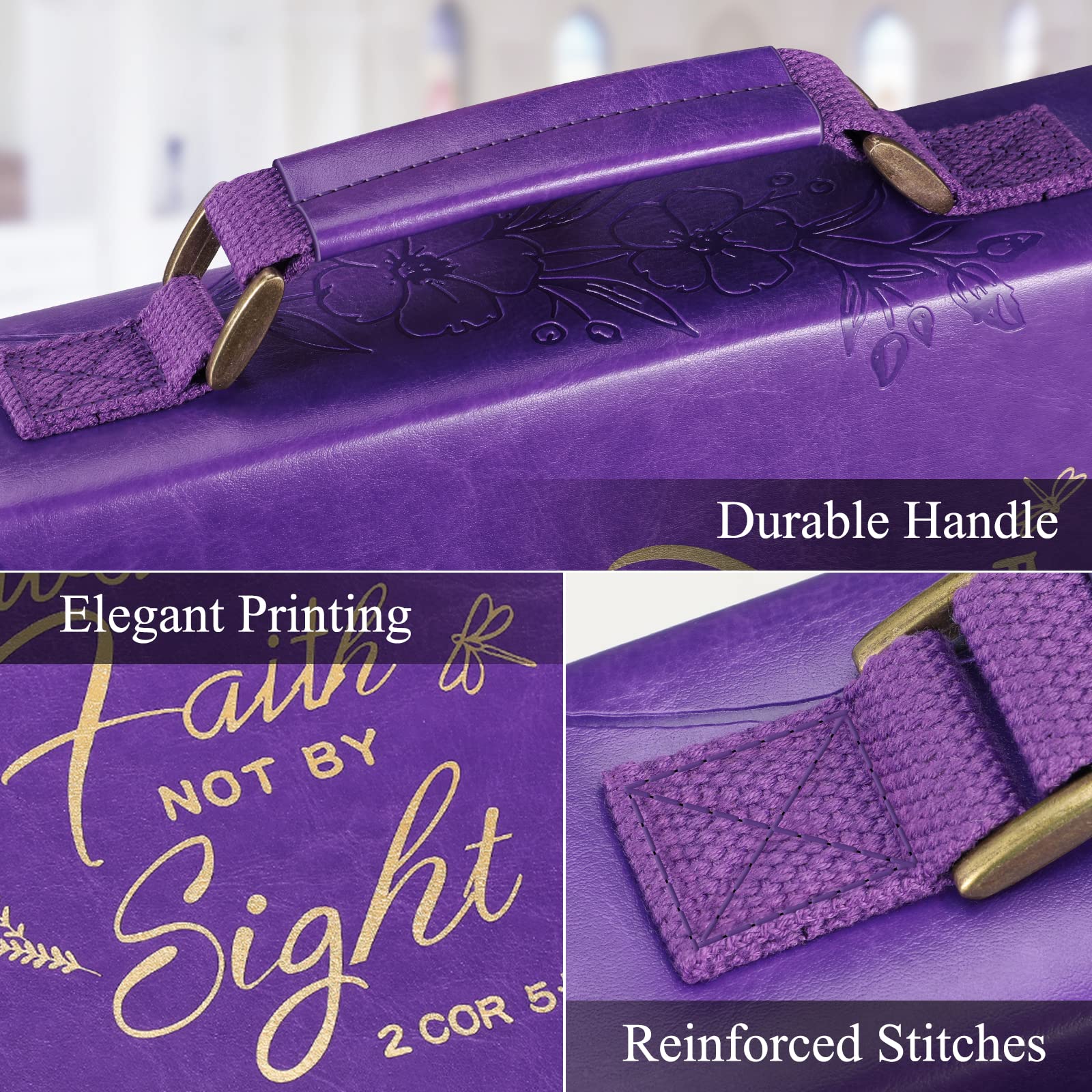 FINPAC Large Classic Vegan Leather Bible Cover with Handle - Protective Bible Carrying Case for Church, Travel & Daily Use - Perfect Gift for Women, Mothers & Friends (Purple)
