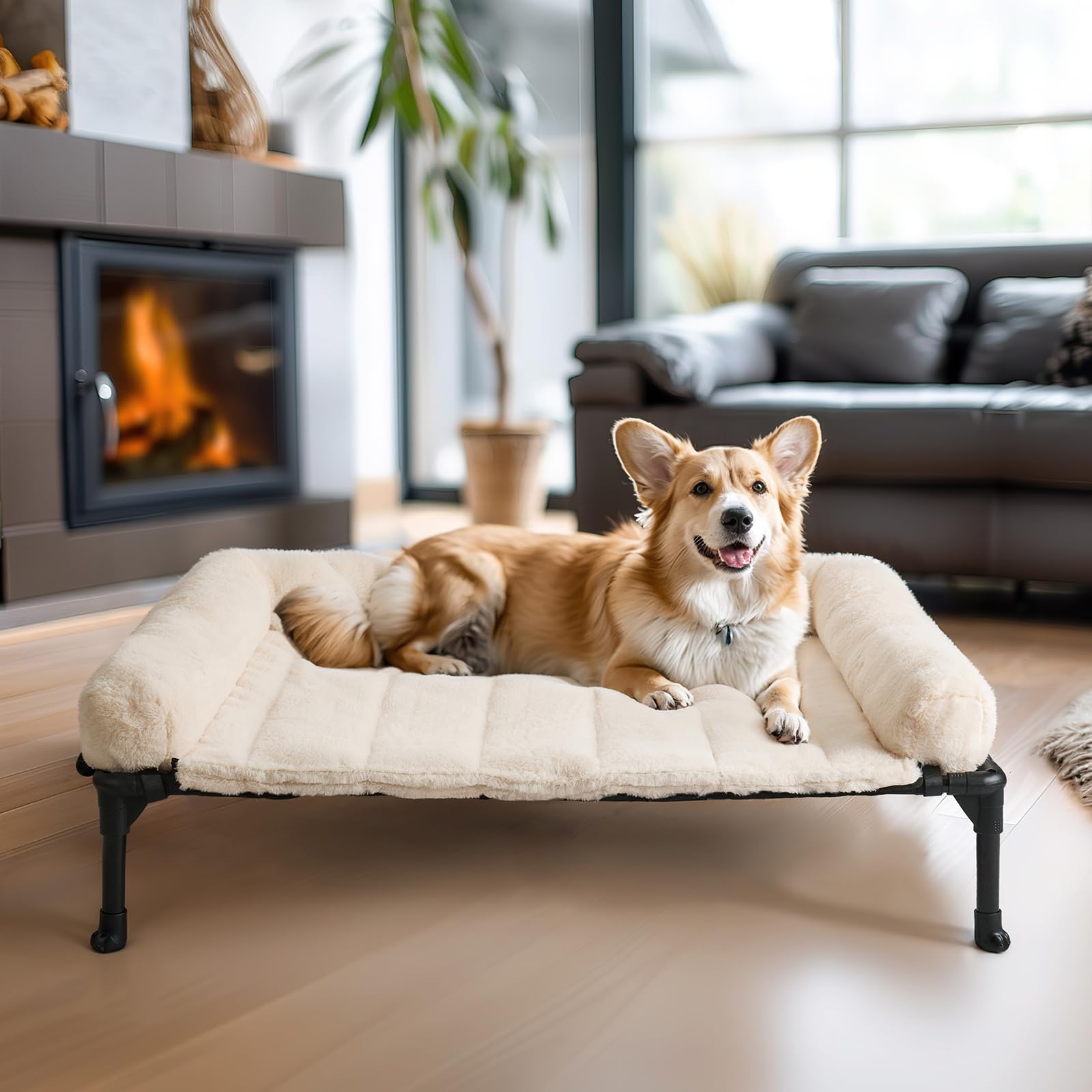 Veehoo Cooling Elevated Dog Bed with Removable Fluffy Pillow - Breathable Mesh Design, Washable Bolster Mat & Non-Slip Feet - 32