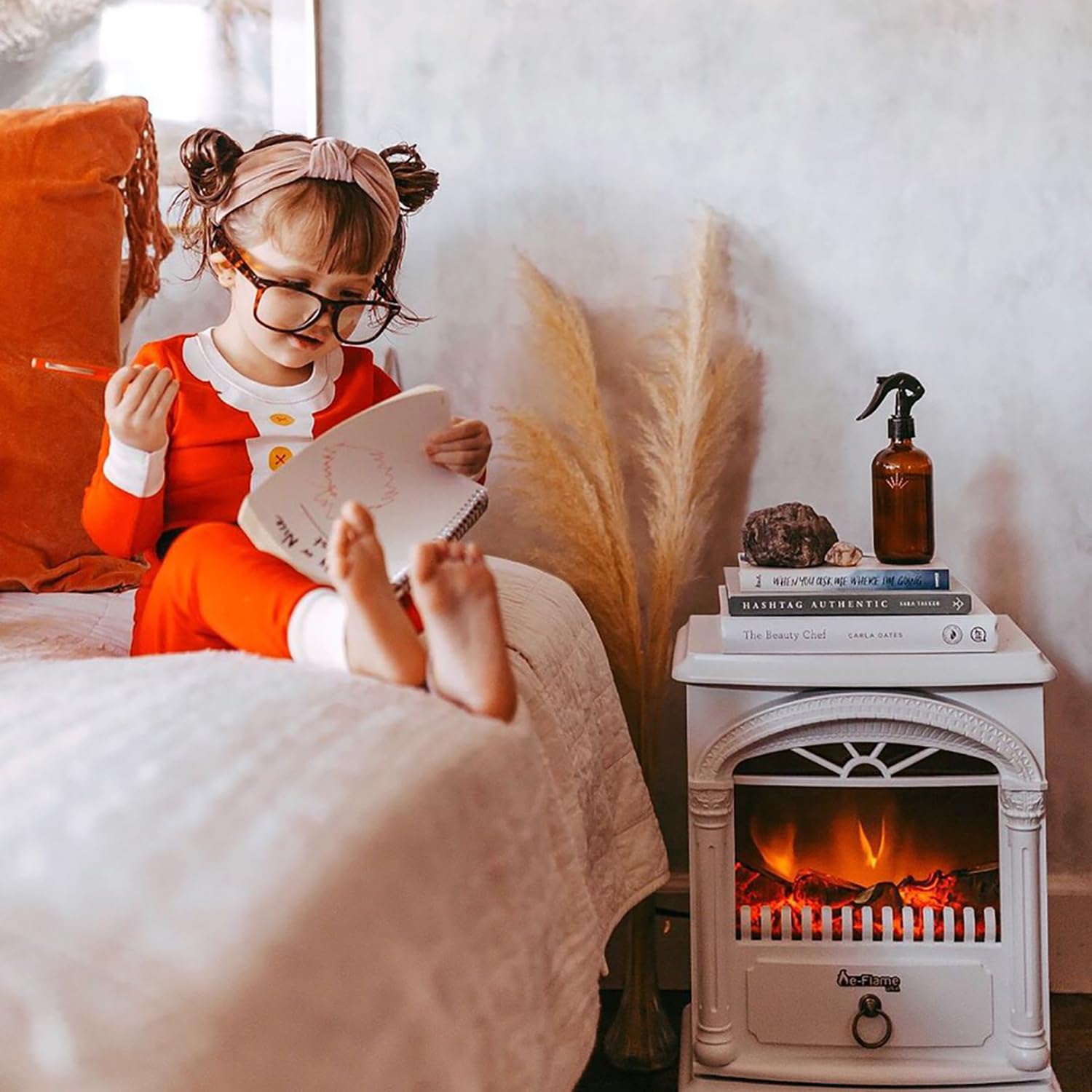 Hamilton Indoor Compact Freestanding Electric Fireplace Heater with Realistic 3D Wood Burning Flame - Winter White - Perfect for Living Room, Bedroom & Office Heating