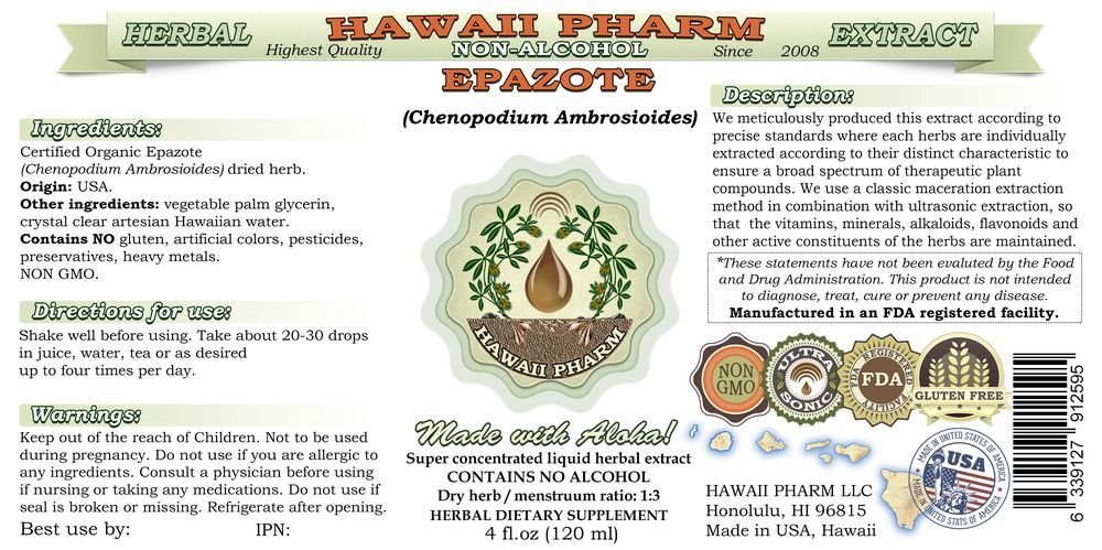 Epazote Alcohol-Free Liquid Extract | Chenopodium Ambrosioides Dried Herb Glycerite | Natural Herbal Supplement by Hawaii Pharm | 4x4 oz | Supports Digestion & Wellness | Perfect for Tea, Tinctures & Natural Remedies
