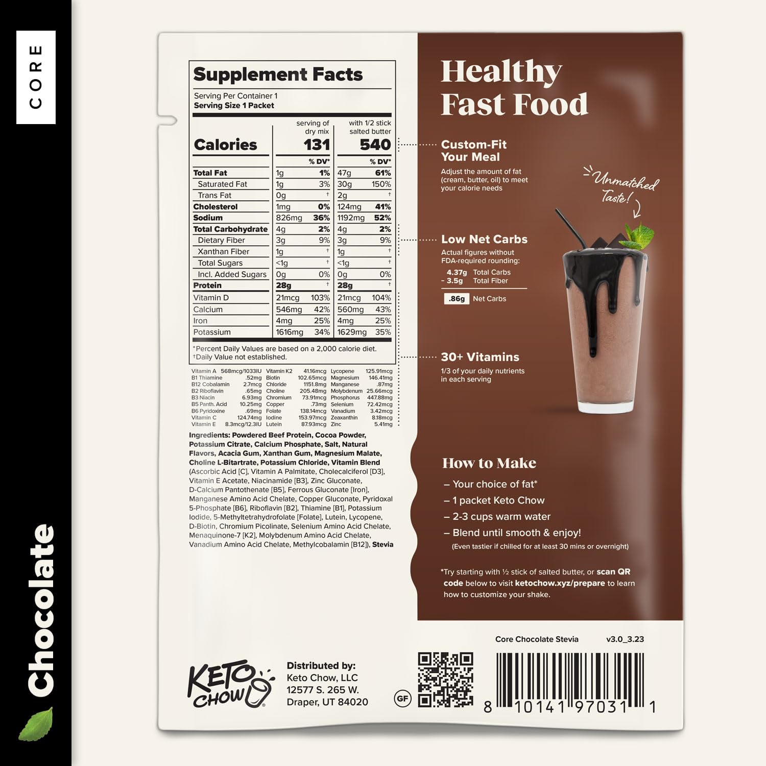 Keto Chow Chocolate Core (with Stevia) - Low Carb Keto Meal Replacement Shake Powder - Nutritionally Complete Protein Shake - Dairy Free & Delicious - 21 Meal Serving - Perfect for Weight Loss, Busy Lifestyles & On-the-Go Nutrition