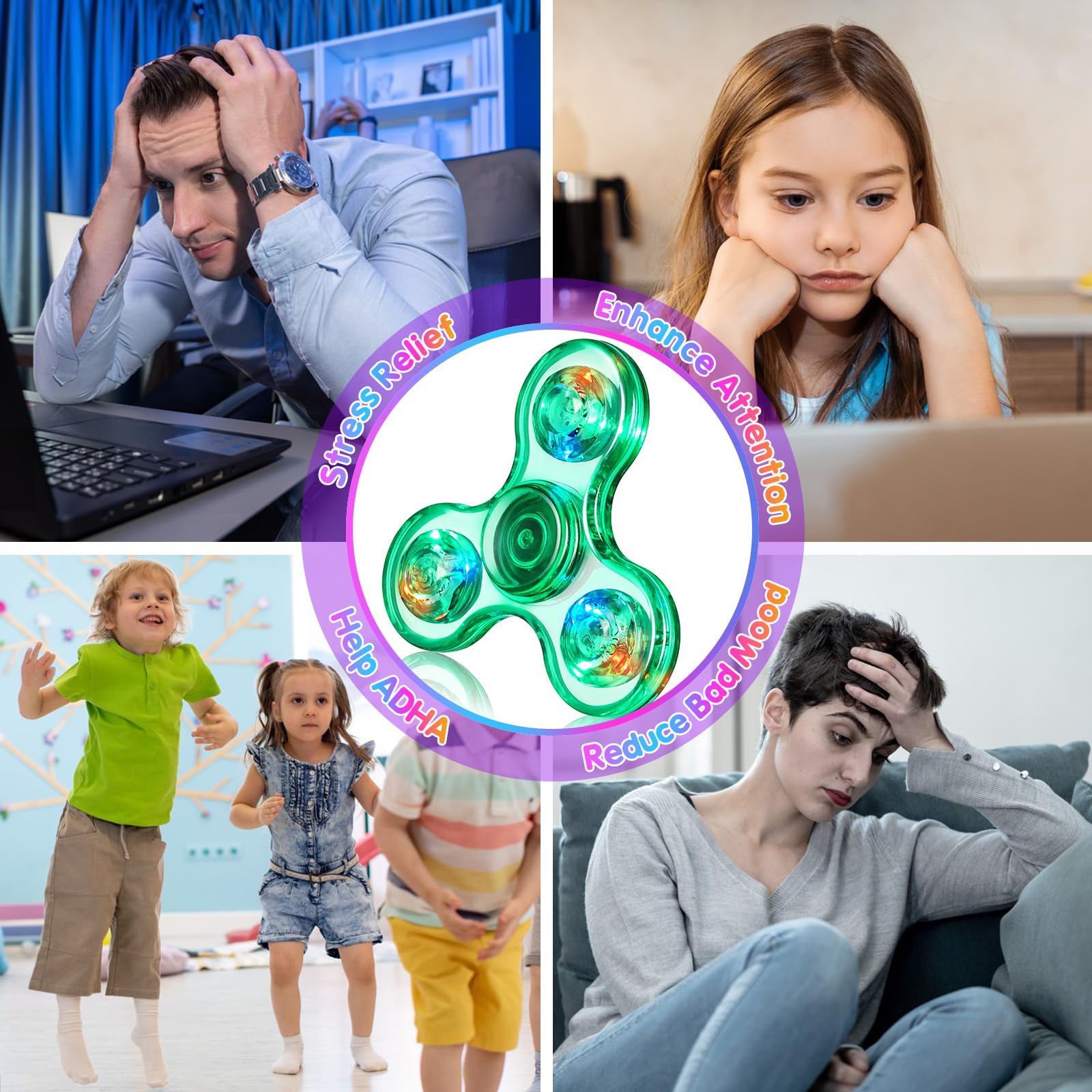 LED Light Up Fidget Spinner for Kids - Glow in The Dark Sensory Toys for ADHD, Anxiety Relief - Fun Birthday Gifts, Classroom Prizes & Stocking Stuffers for Boys Girls Ages 4-12 - Perfect for Stress Relief, Focus Improvement and Party Favors