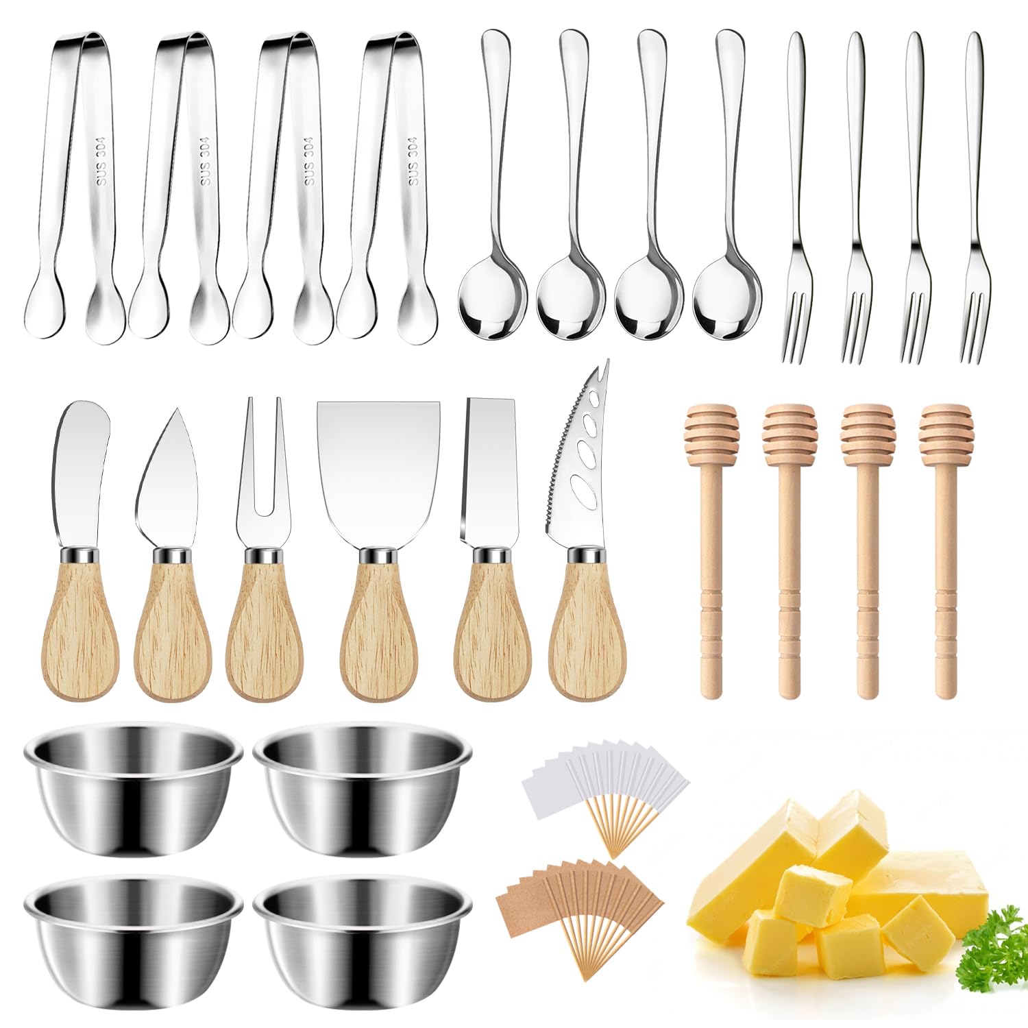 Premium Charcuterie Board Set with Cheese Knives, Serving Tongs, Forks, Spoons & Dipping Bowls - Complete Charcuterie Accessories Kit for Cheese Platters, Party Trays & Entertaining - Perfect for Wine Nights, Bridal Showers & Holiday Gatherings