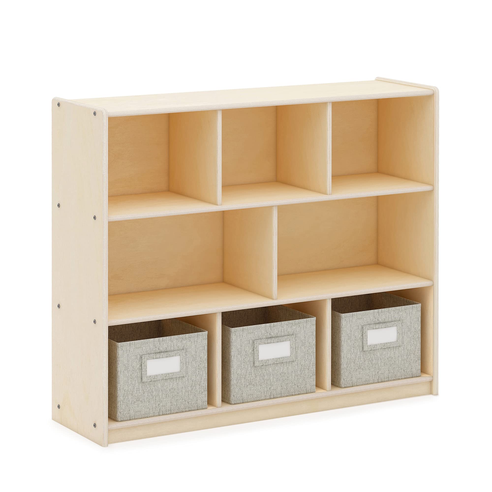 Guidecraft EdQ Three Shelf Wooden Storage Unit with 3 Fabric Bins - Kids Bookshelf & Toy Organizer for Homeschool, Classroom, Playroom & Bedroom Organization