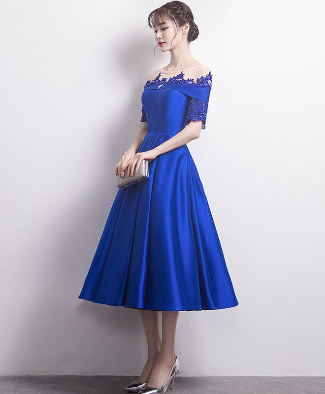 Elegant Blue Satin Lace Round Neck Prom Dress - Formal Evening Gown for Bridesmaids, Homecoming, and Special Occasions