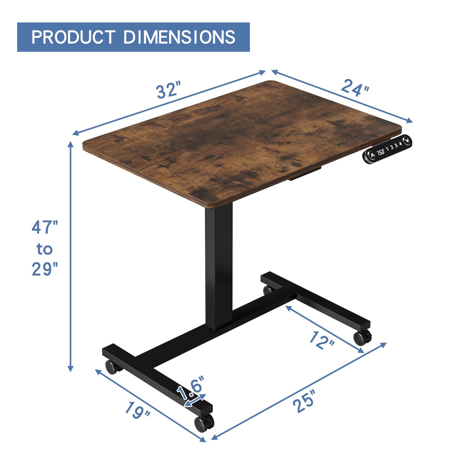 BilBil Electric Standing Desk with Lockable Wheels - 32x24 Inch Height Adjustable Sit to Stand Workstation, Mobile Rolling Computer Desk for Home Office, Overbed Laptop Table, Portable Workstation (Rustic Brown) | Perfect for Small Spaces, Remote Work & Bedroom Office Setup