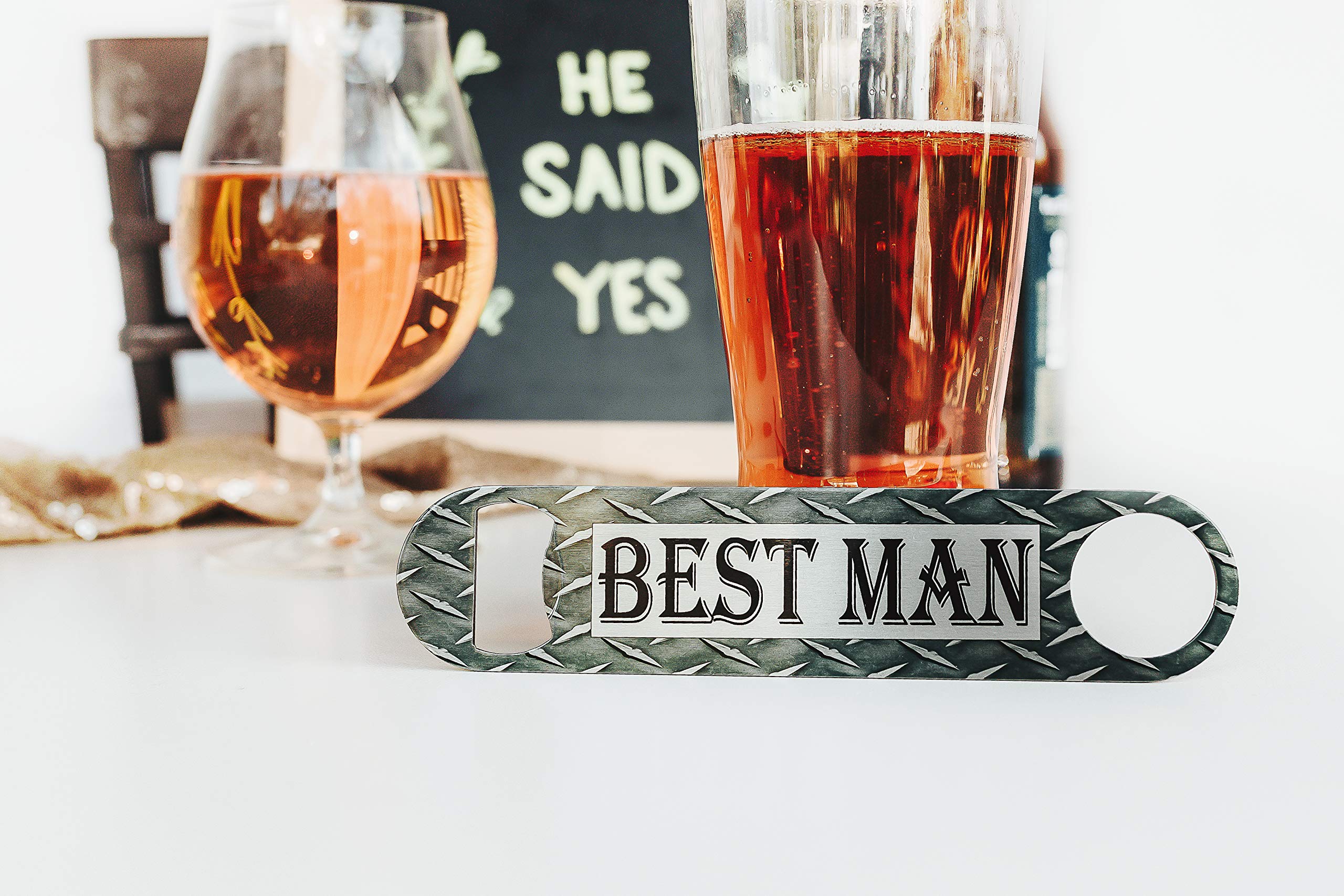 Premium Metal Bottle Opener - Unique Groomsmen & Best Man Proposal Gift for Weddings - Engraved Diamond Plate Design by Daisy Lane - Perfect for Bachelor Parties, Wedding Receptions & Man Cave Decor