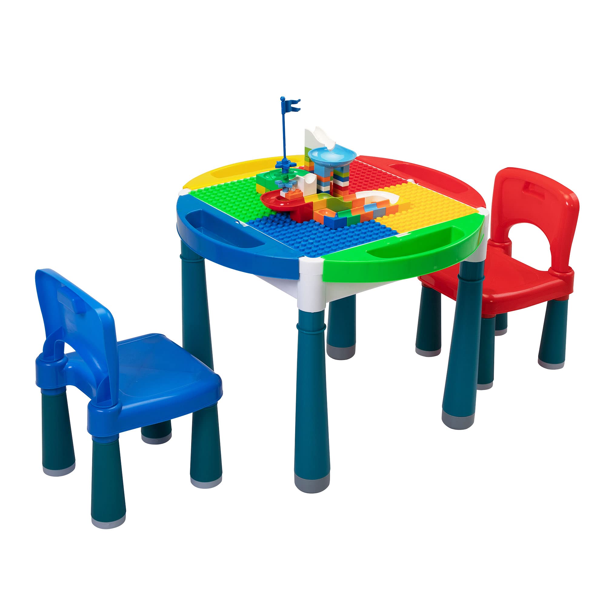 SYHMQQ Kids Multi-Activity Table & 2 Chairs Set with Building Blocks & Storage - Red, Yellow, Blue, Green | Perfect for Playroom, Preschool & Home Learning Activities