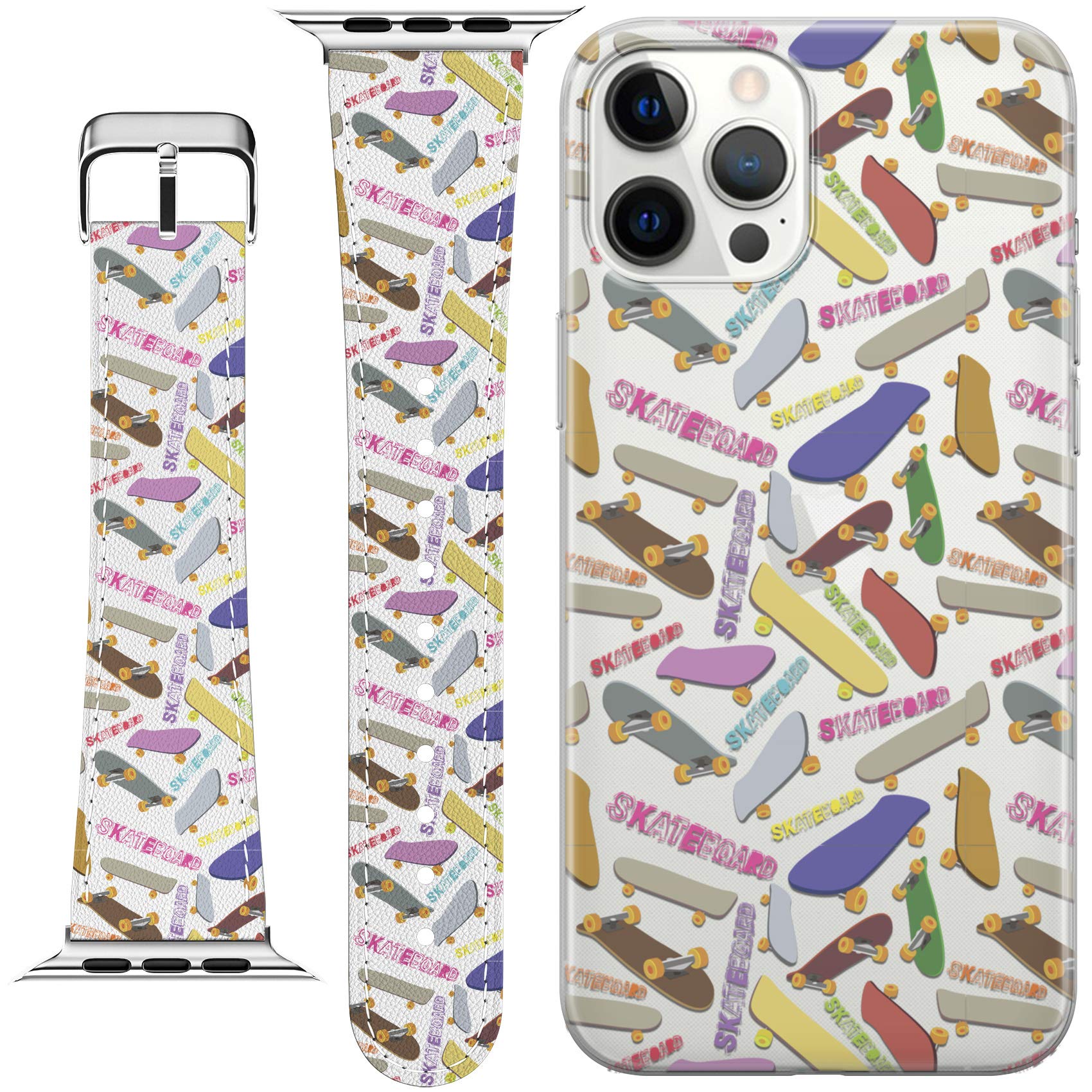 Stylish PU Leather Wrist Band Compatible with Apple Watch Series 7/6/5/4/3/2/1/SE & Matching Phone Case - Skateboard Print Trendy Bracelet Strap for 38-40-41-42-44-45mm - Perfect for Teens, Sports & Everyday Wear
